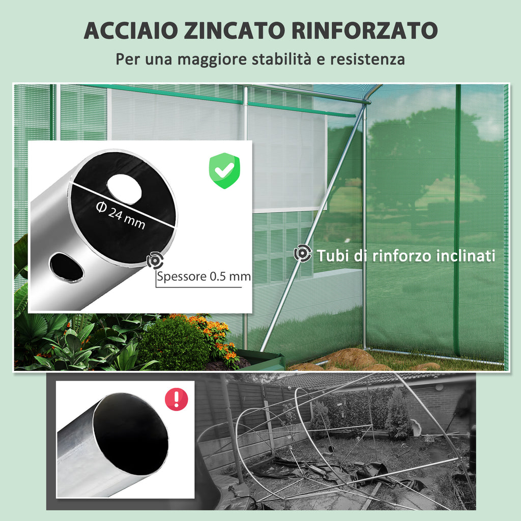 unnel Greenhouse with 3 Roller Doors and 6 Windows, in Galvanized Steel and PE, 6x3x2 m, Green