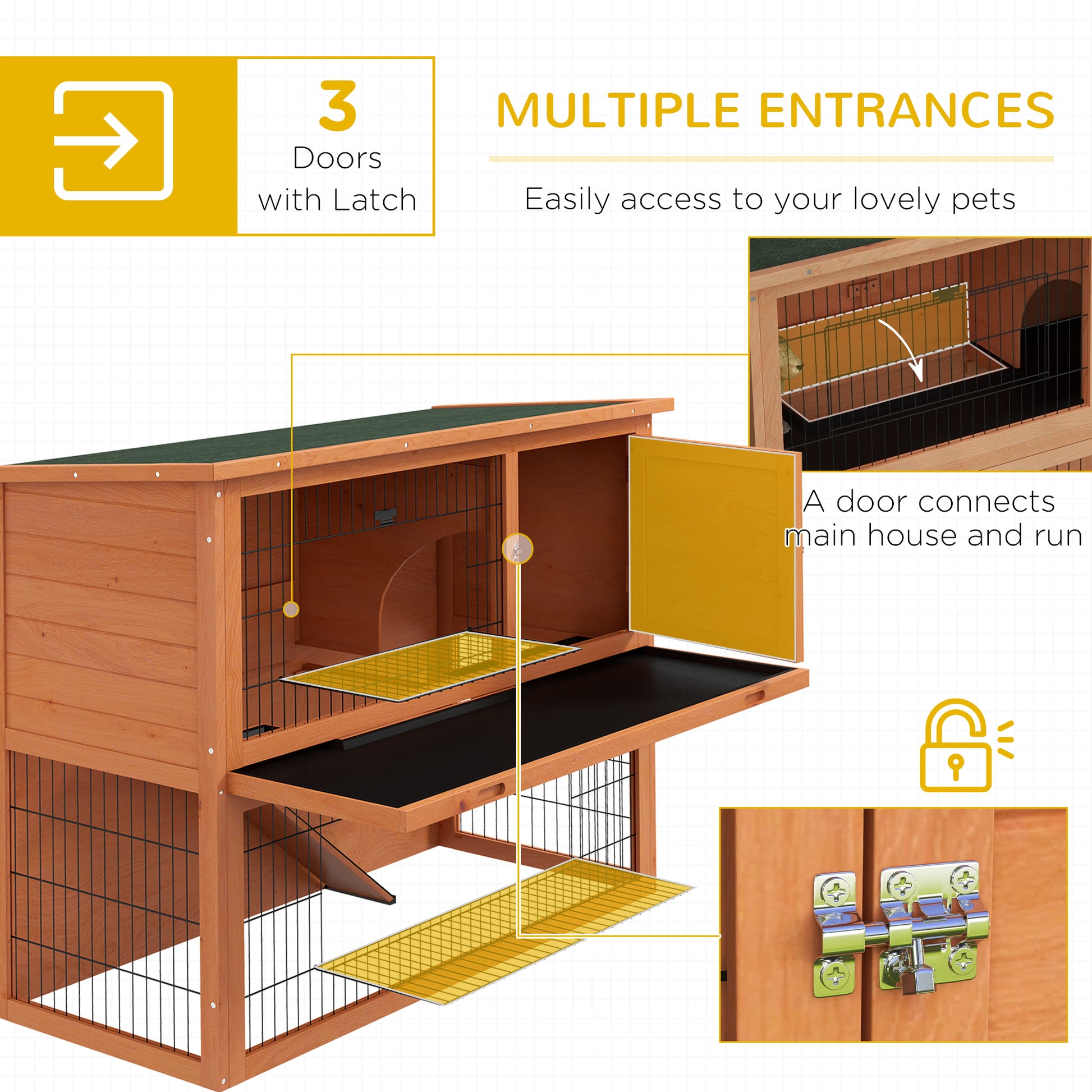 PawHut Wooden Rabbit Hutch, Guinea Pig Cage, with Removable Tray, Wheels - Brown - Borgè