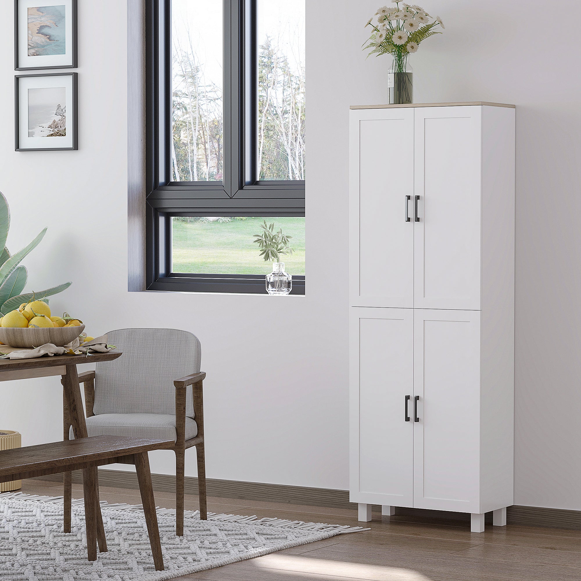 Wooden Kitchen Pantry Cabinet with 5 Adjustable Shelves and 4 Doors, 60x30x170.5 cm, White and Wood Color