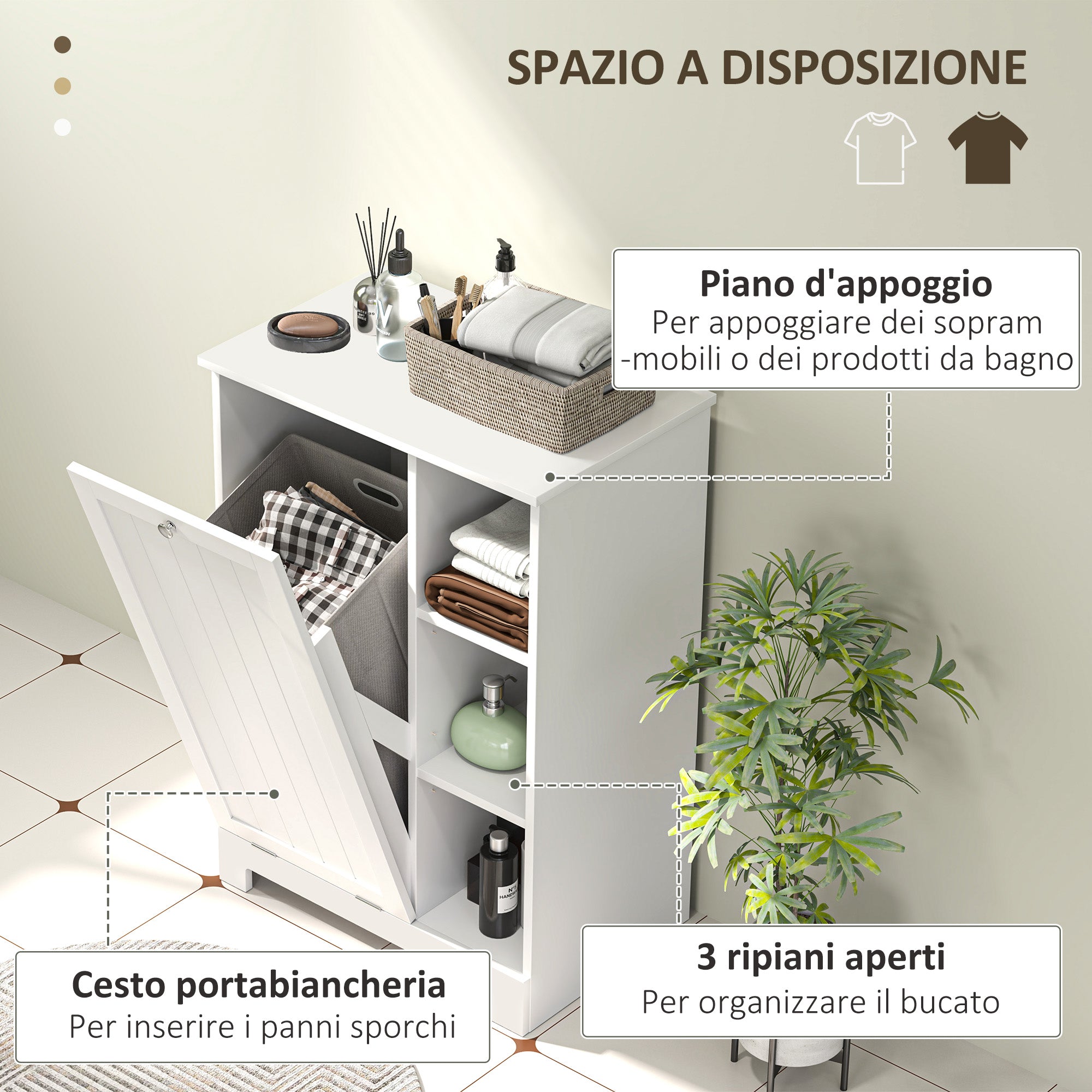 Bathroom Laundry Cabinet with Removable Basket and Adjustable Shelves, 60x38x86 cm, White