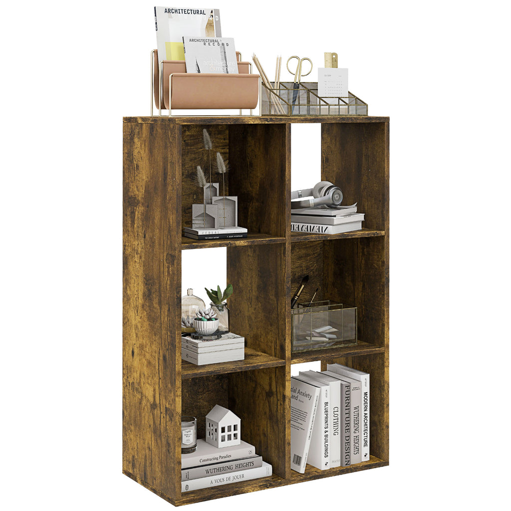 6-Tier Cube Bookcase with Rustic Wooden Storage Shelves, 61.5 x 29.5 x 91.5 cm, Brown
