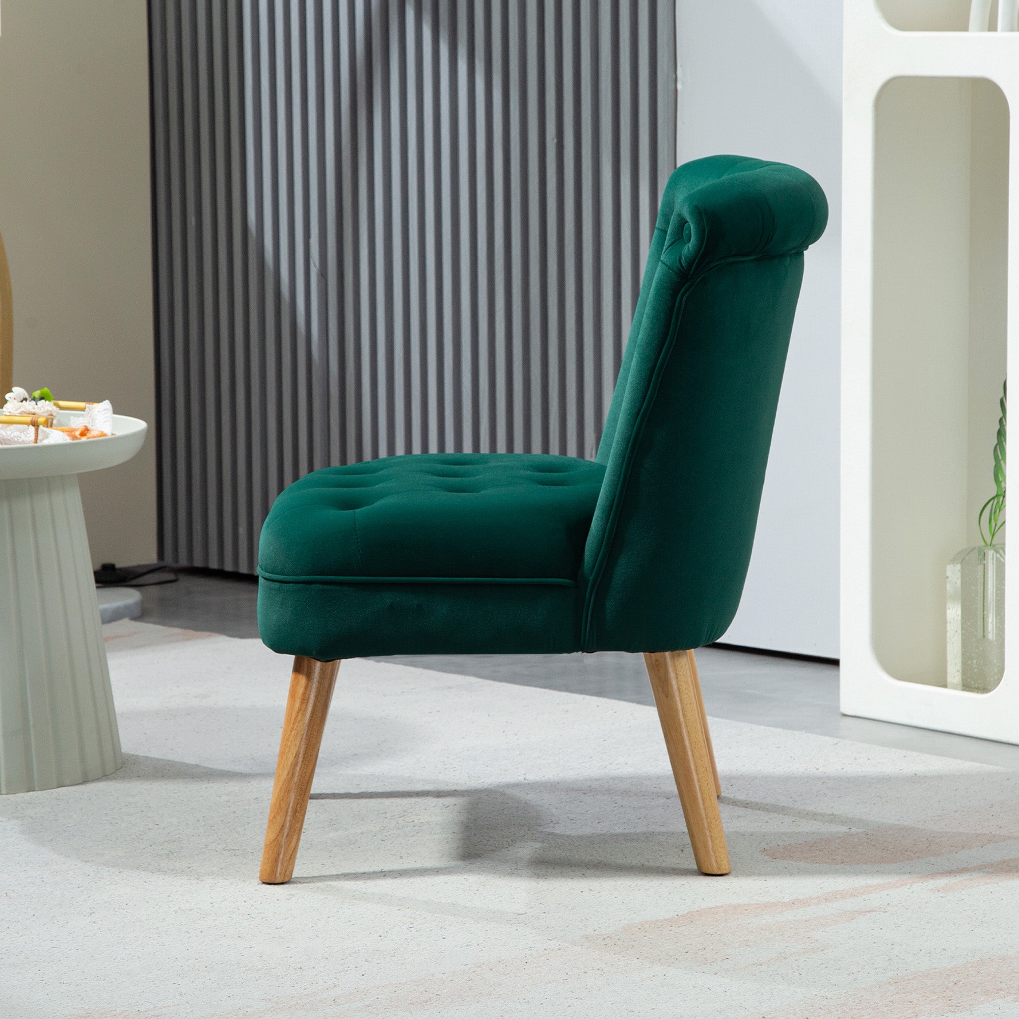 Velvet Lounge Chair with Padded and Quilted Seat with Buttons, 60x66x79 cm, Green