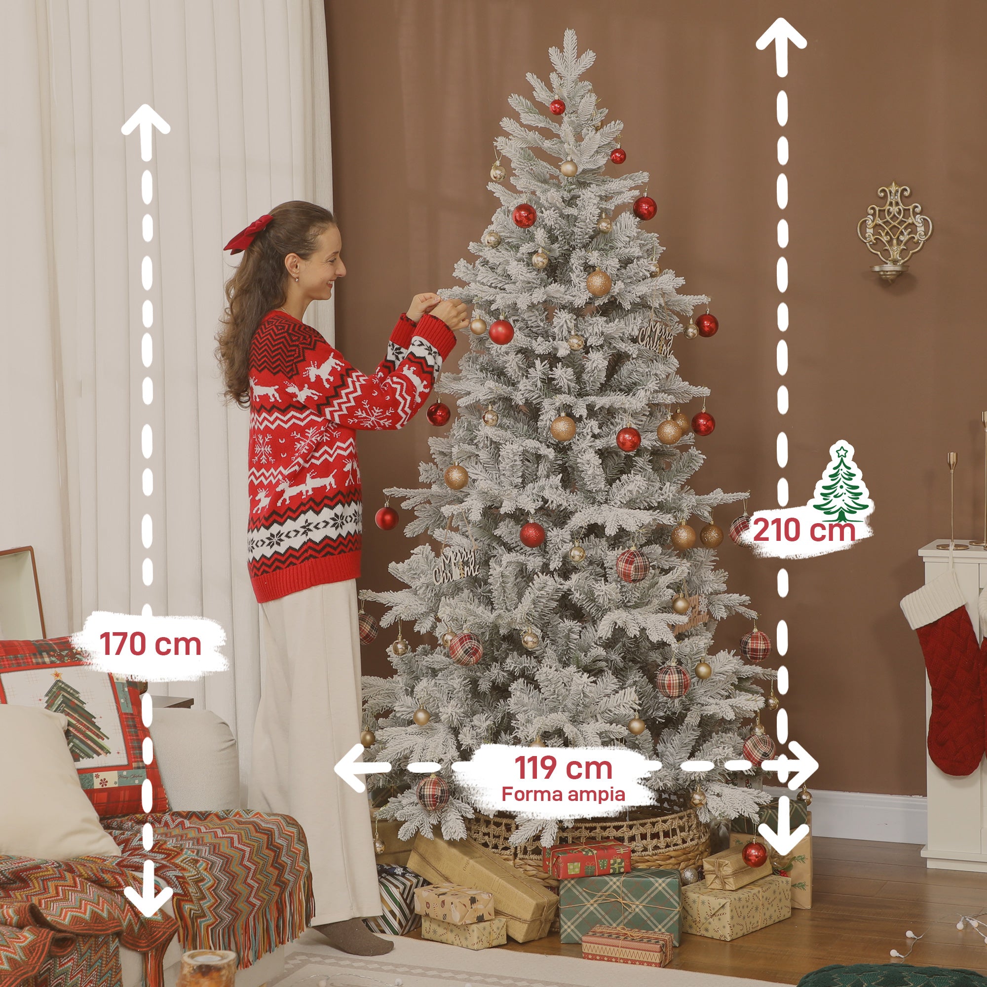 210cm Tall Snow-Covered Christmas Tree with Realistic Branches and Foldable Metal Base
