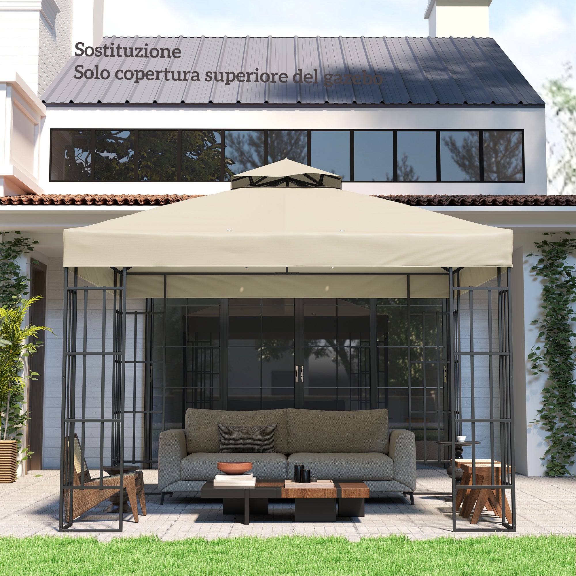 Garden Gazebo Cover 3x3m, 2-Tier UPF30+ Replacement Roof in Polyester, Cream