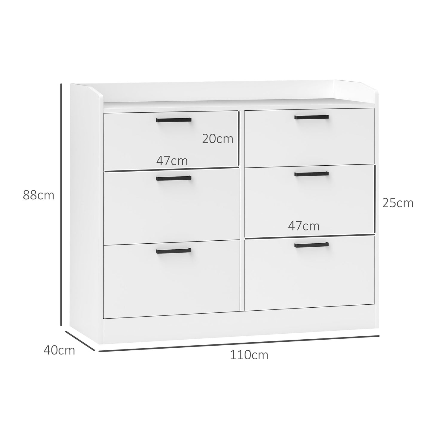 Wooden 6-Drawer Chest of Drawers with Raised Edges and U-Handles, 110x40x88 cm, White