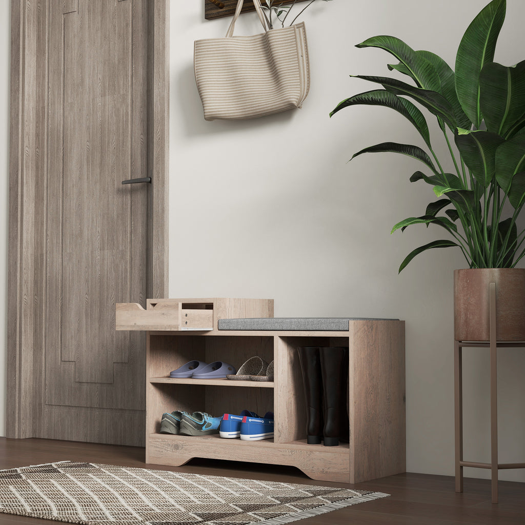 Modern Shoe Bench with 3 Open Shelves and Drawers, Made of Wood, Polyester and Sponge, 76.5x30x52 cm, Grey