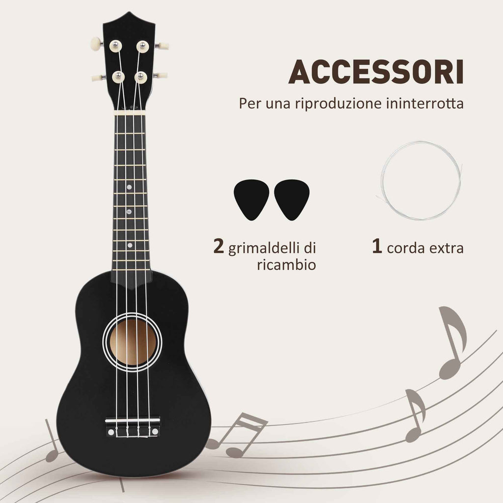 HOMCOM 21-Inch Beginner Ukulele with Nylon Strings, Pick and Replacement String, Black
