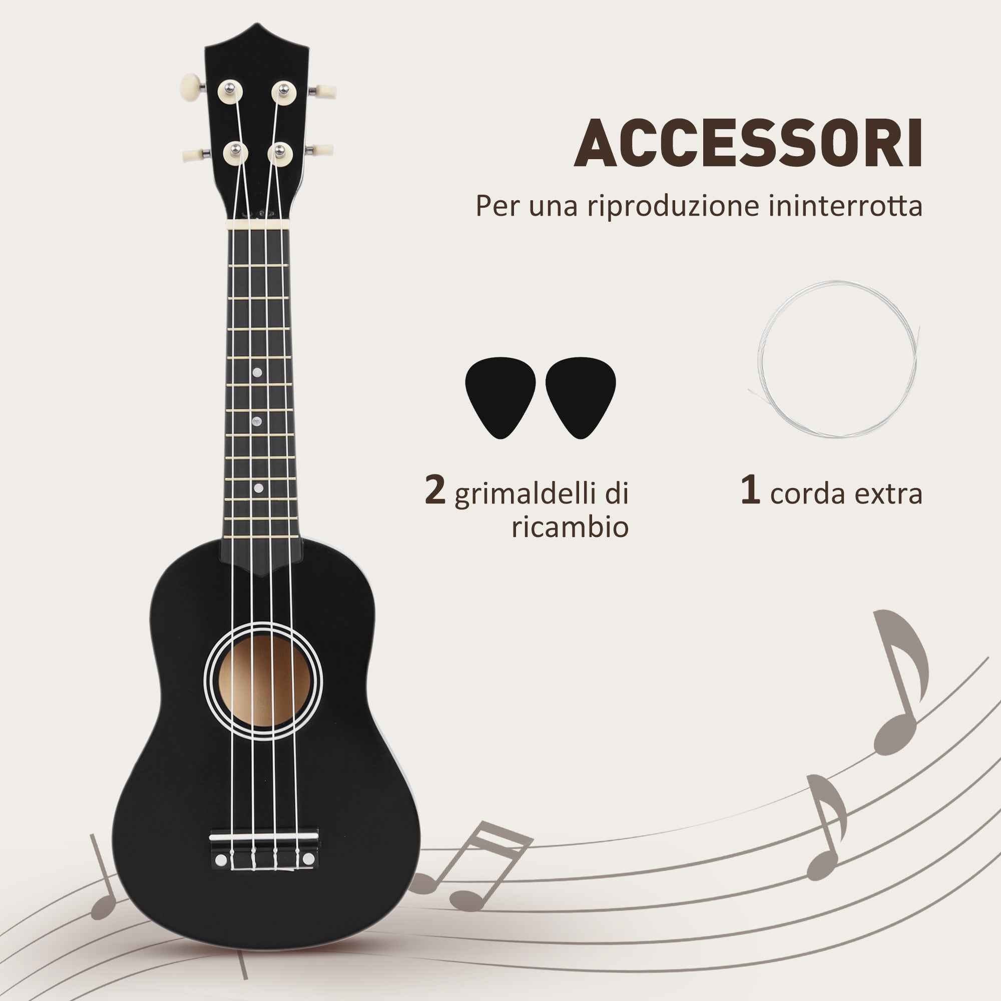 HOMCOM 21-Inch Beginner Ukulele with Nylon Strings, Pick and Replacement String, Black