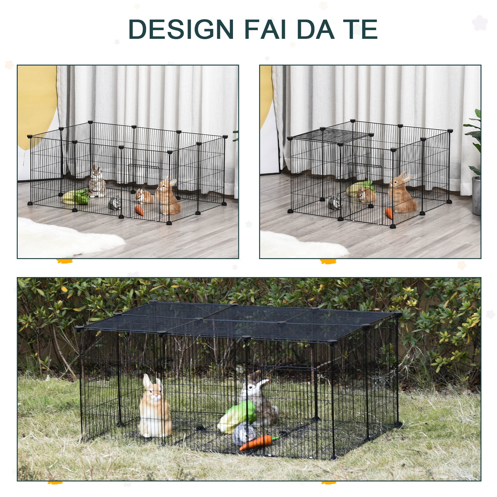 Rabbit and Small Animal Cage, 22 Modular Metal Panels with Door, Black, 105 x 70 x 45cm