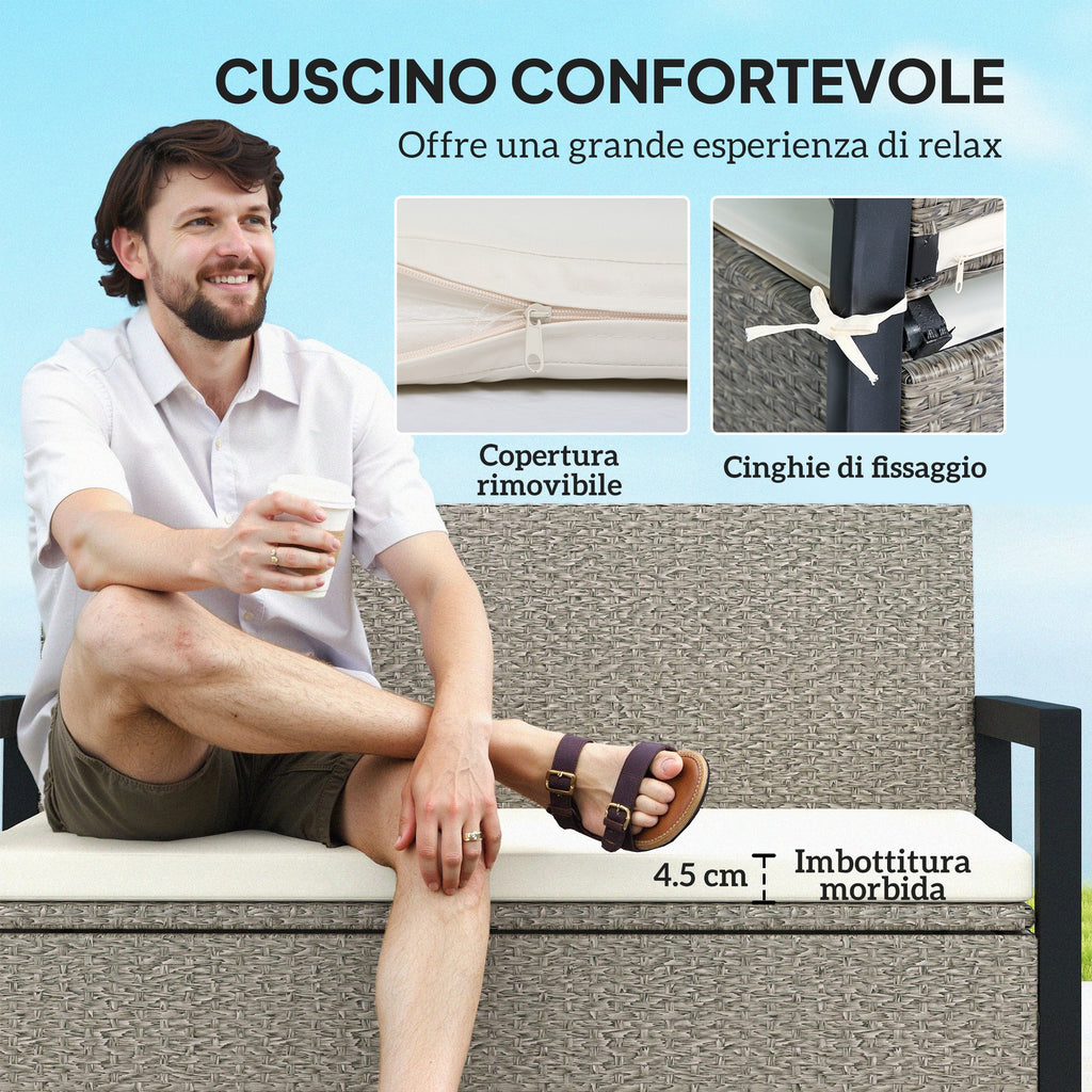 2 Seater Garden Bench with 151.5L Rattan Storage Chest with Backrest, Armrests and Cushion, Cream