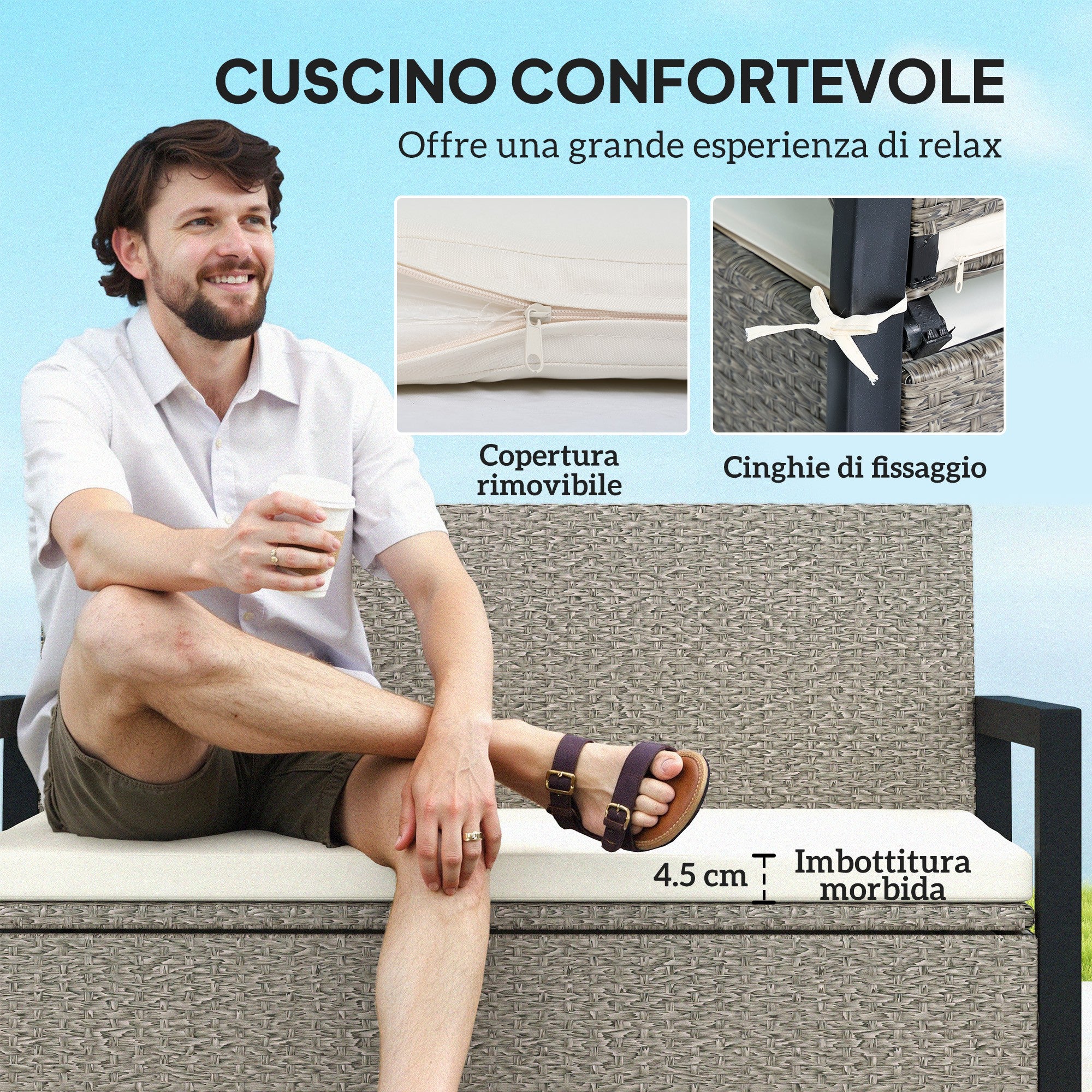 2 Seater Garden Bench with 151.5L Rattan Storage Chest with Backrest, Armrests and Cushion, Cream