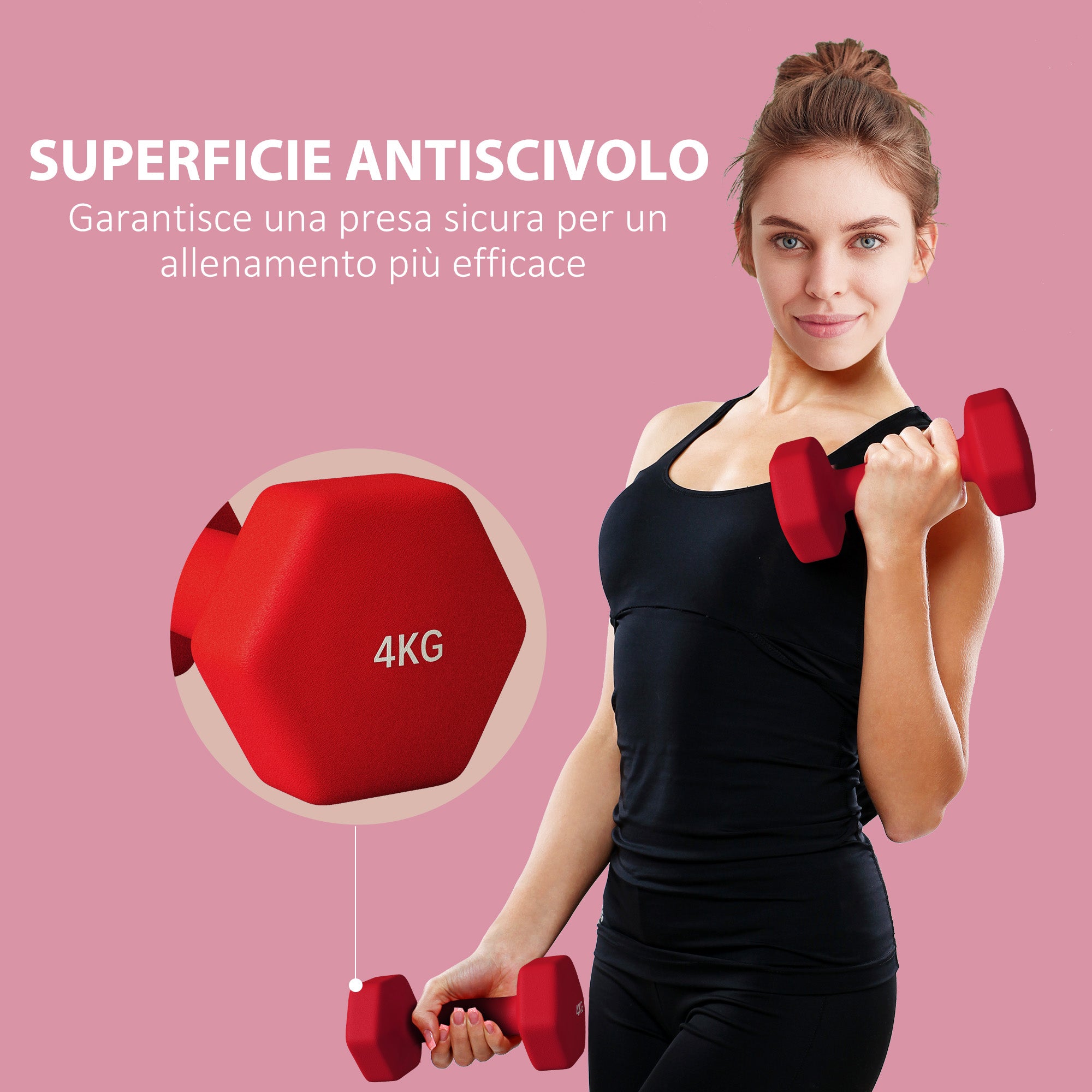 SPORTNOW Set of 2 Hexagonal Dumbbells weighing 2x4 kg in Metal and Plastic with Non-Slip Grip, 19x9x9 cm, Red