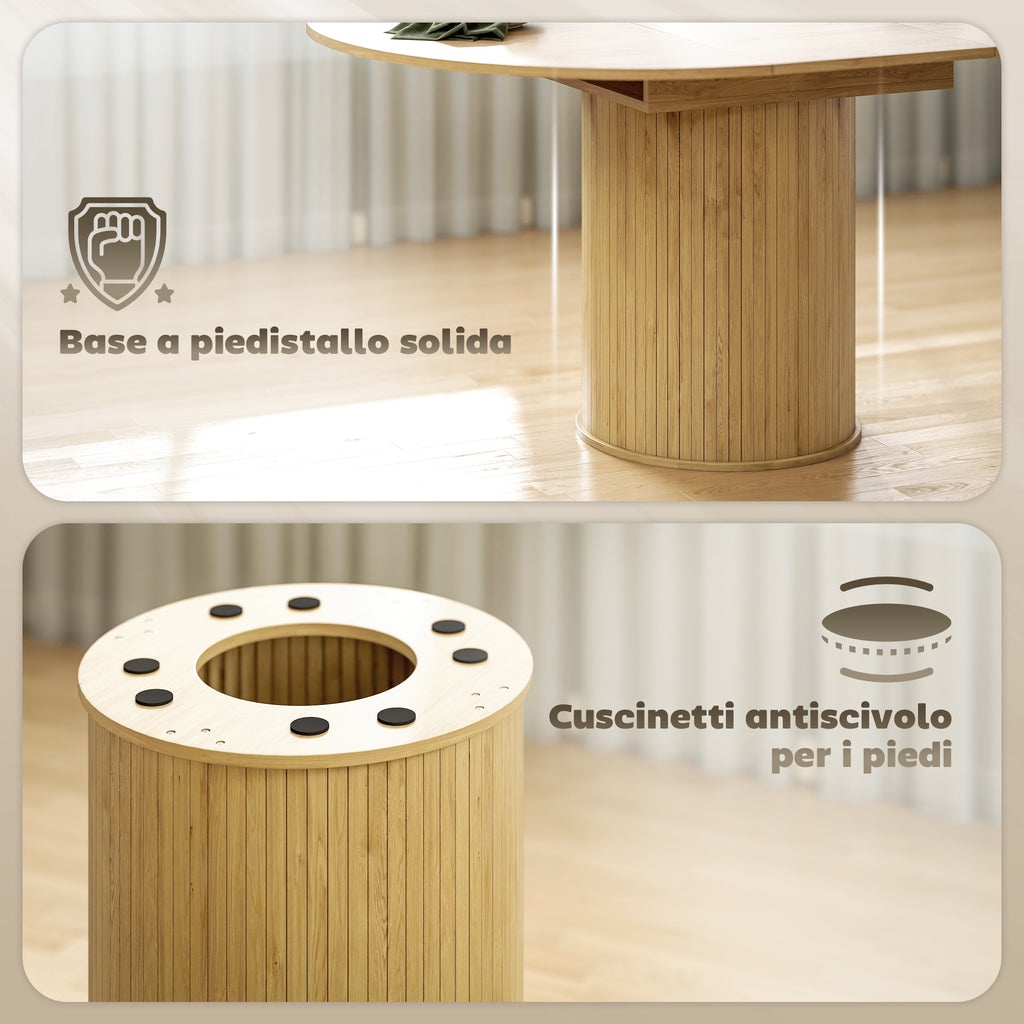 Expandable Round to Oval Pedestal Table for 6-8 People, Wood and Steel, Wood Color