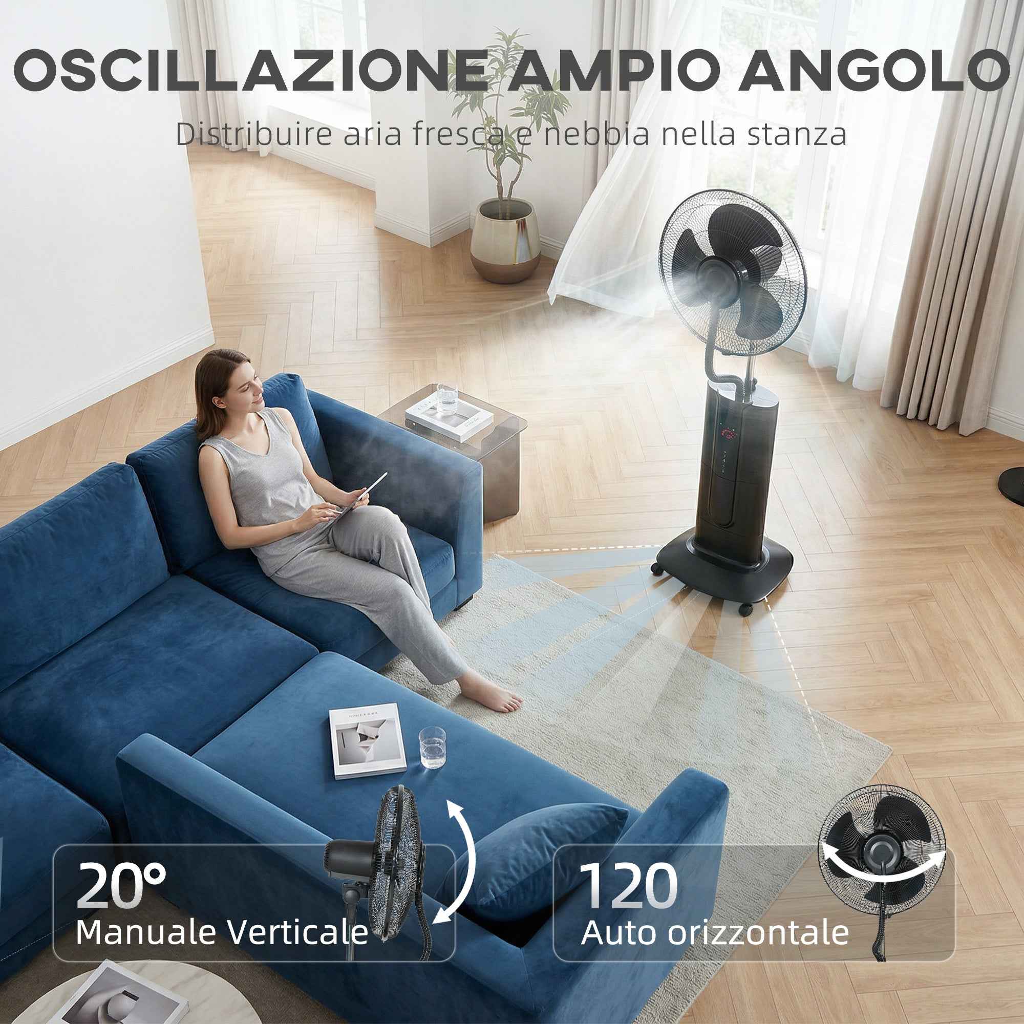 3-in-1 Oscillating Pedestal Fan with Water Mist, Remote Control, and 9-Hour Timer, 45 x 38 x 130 cm, Black