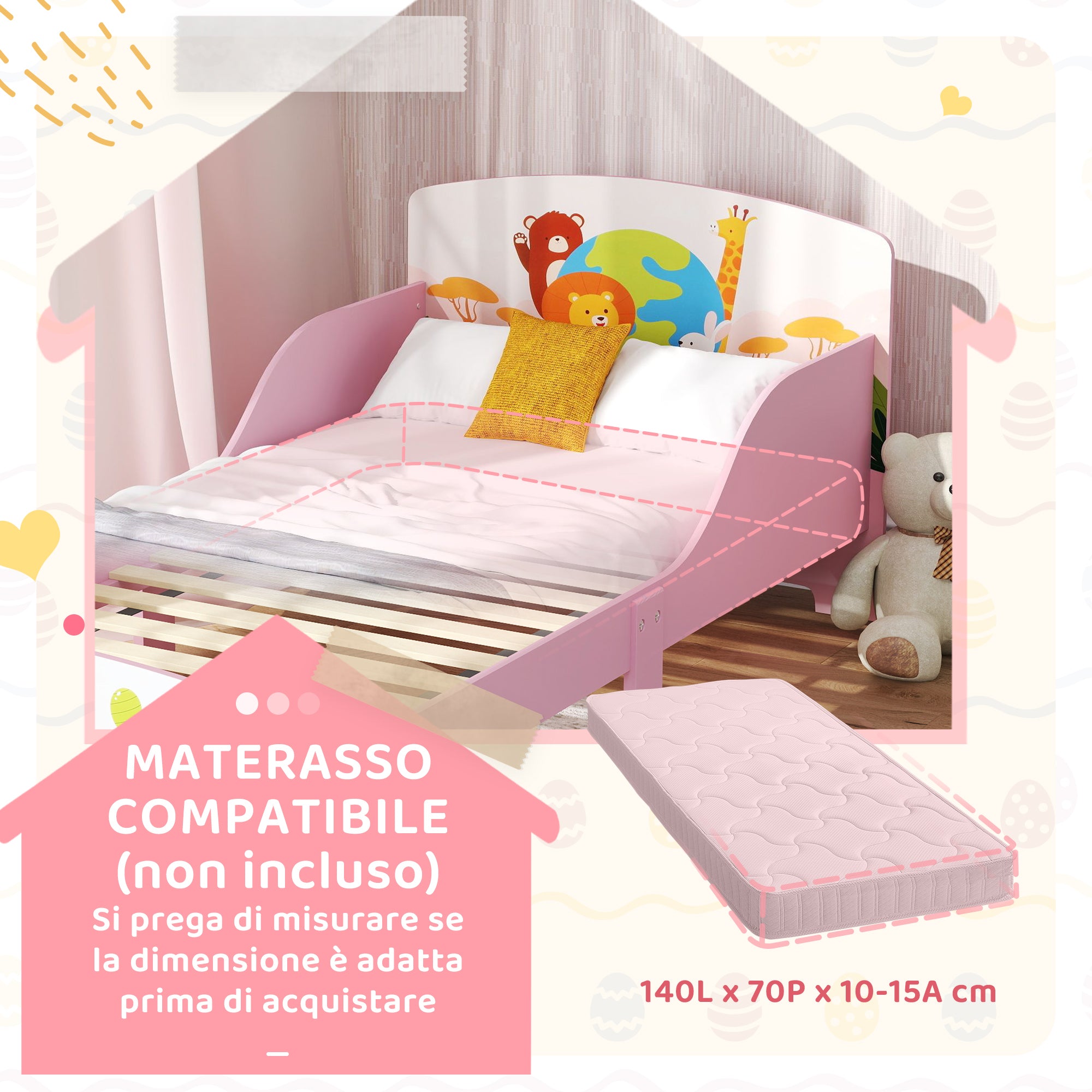 Wooden Cot for Children 3+ Years with Raised Edges and Safety Rails, 143x77x60 cm, Pink