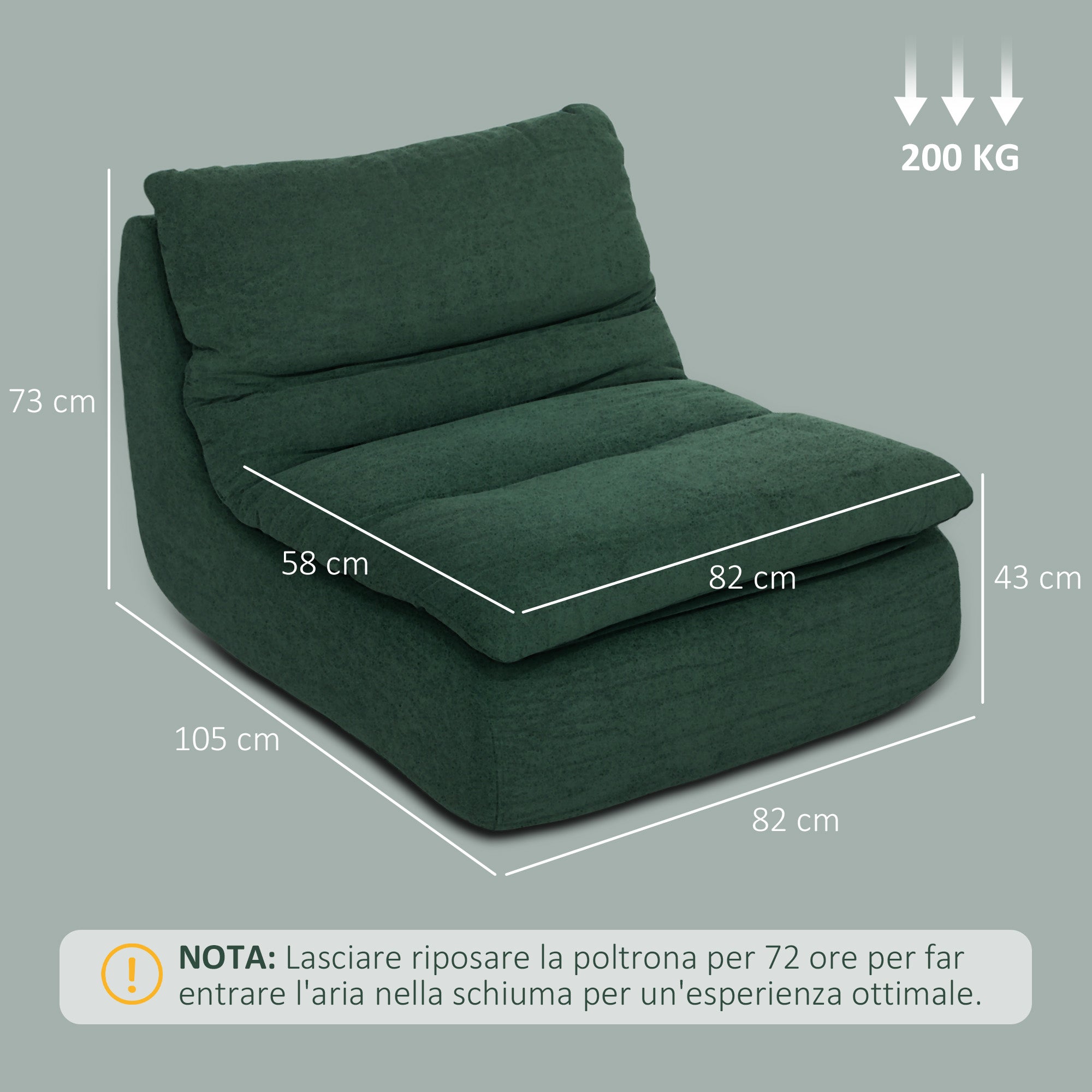 Modern Floor Chair Padded in Green Velvet Effect Fabric and Foam, 82x103x75 cm