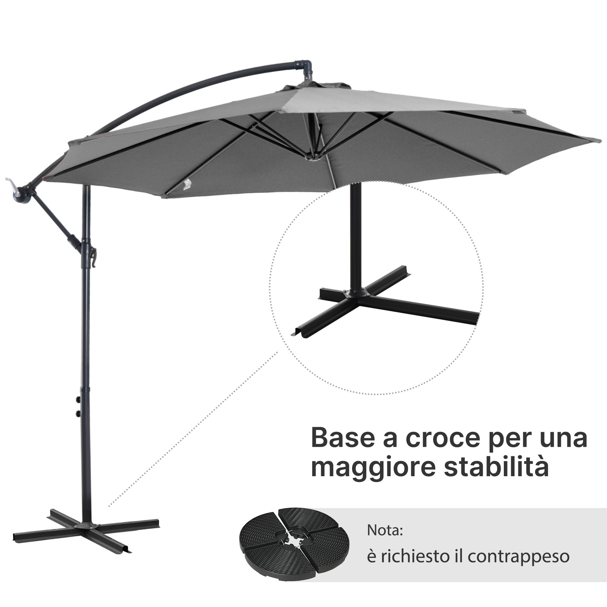 Outsunny 3x2.5 m Off-Center Outdoor Umbrella with Crank Handle, Steel Frame and Anti-UV Polyester, Grey