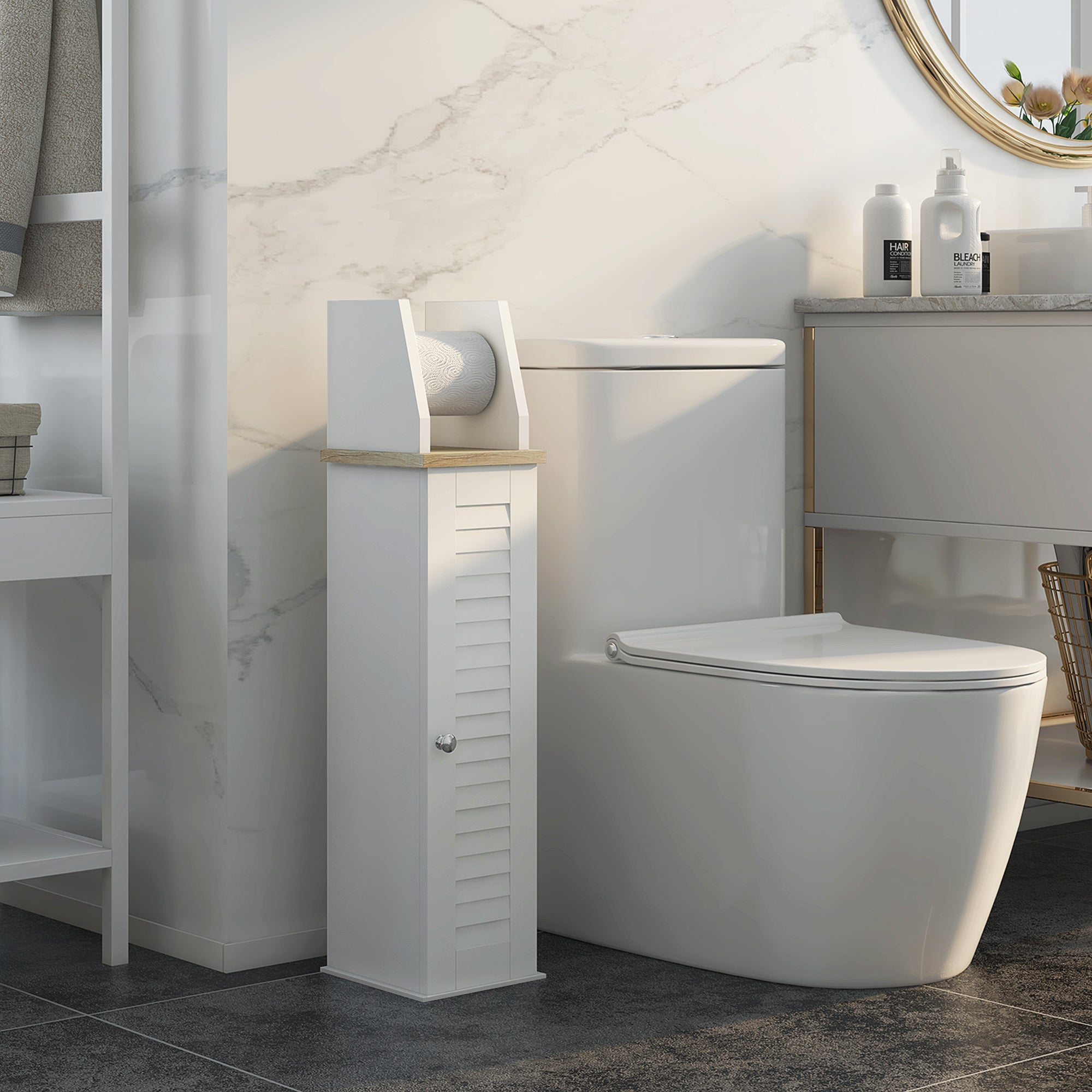 kleankin Bathroom Cabinet Space-Saving Toilet Paper Holder with Cabinet and Adjustable Shelf, 18x20x80 cm, White