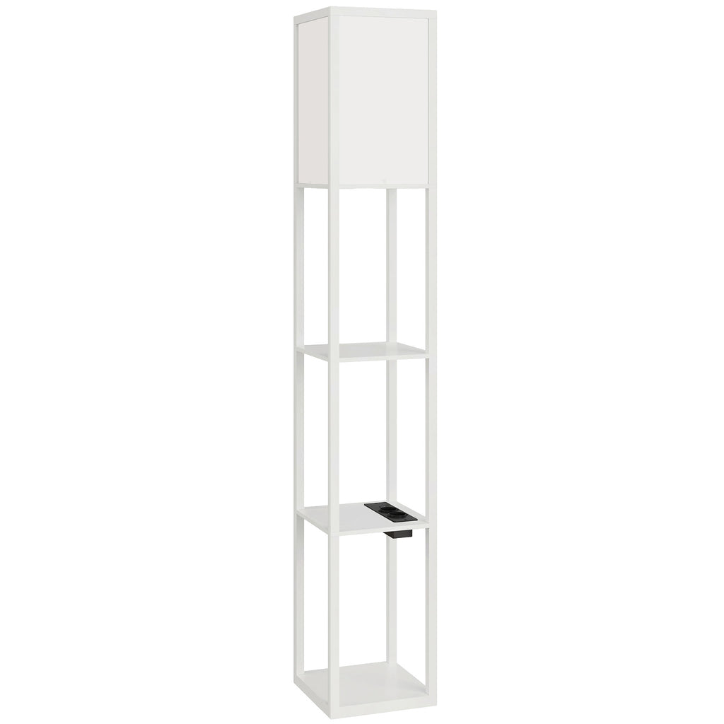 Floor Lamp with Shelves, Dimmable Light, Foot Switch and USB Ports, White