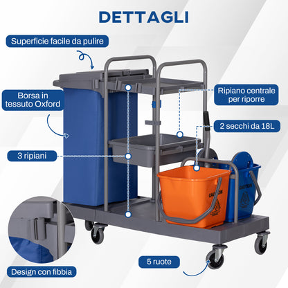 3-Shelf Cleaning Cart with Garbage Bag and Wringer, 111x63.3x103 cm, Gray Blue and Orange