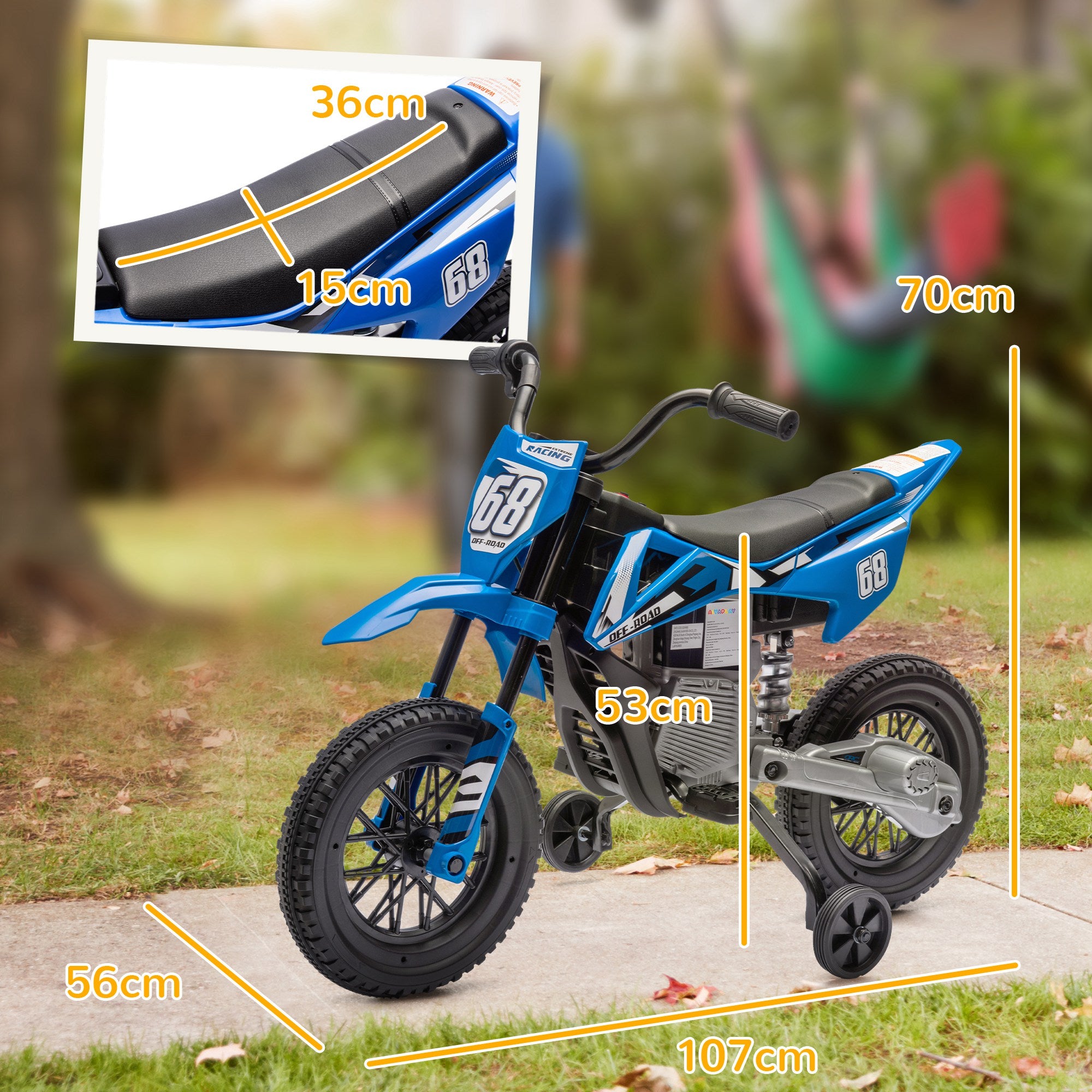 Electric Motorcycle for Kids with Removable Training Wheels, Suspension, Sounds and Charge Indicator, Blue