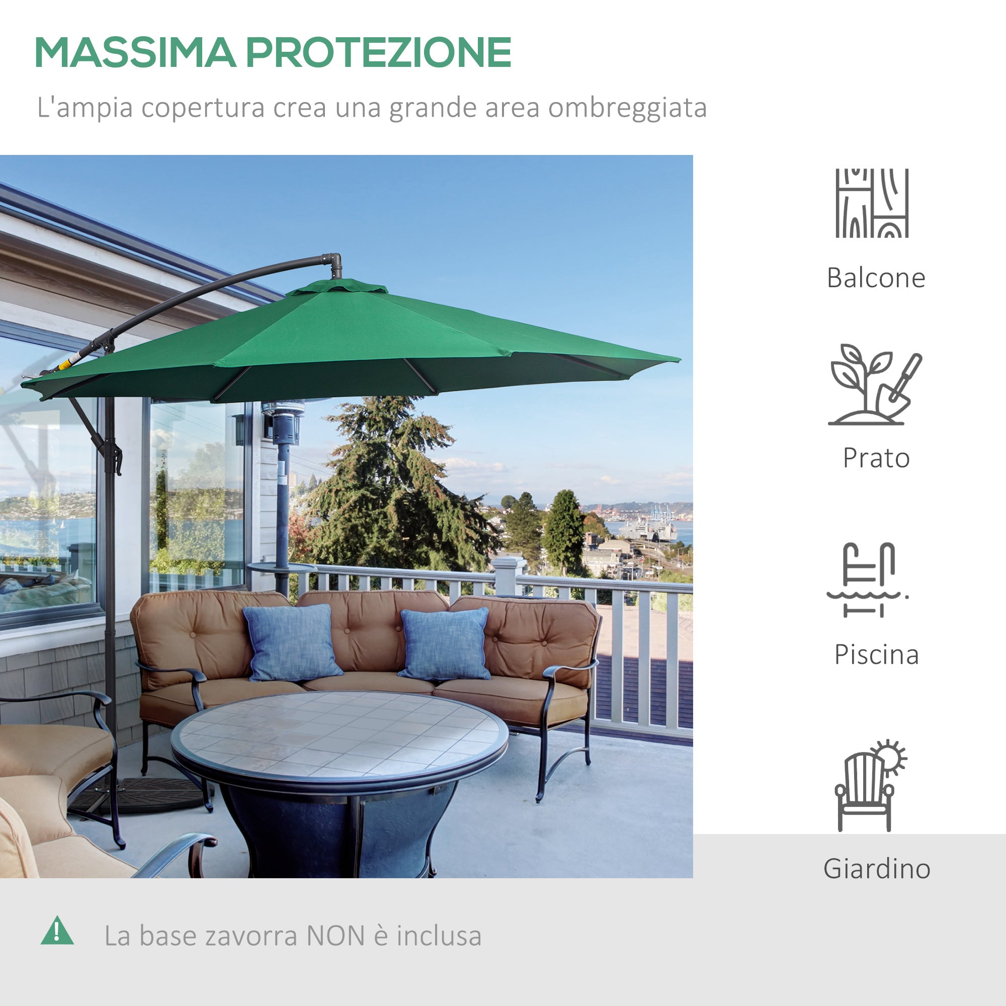 Garden Umbrella 3x2.5 m, Tiltable with Cross Base and Crank, in Steel and Polyester