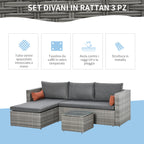 3-Piece PE Rattan Garden Furniture Set with 2 Sofas and Coffee Table, Grey