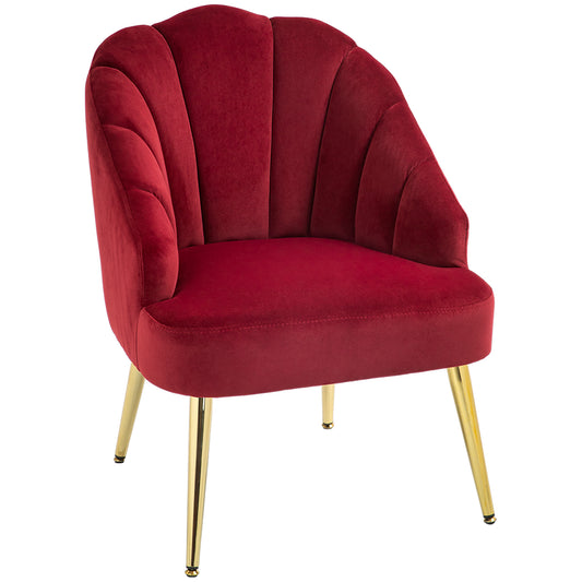 Art Deco Style Shell Living Room Armchair, Velvet and Steel, 63x65x84 cm, Red