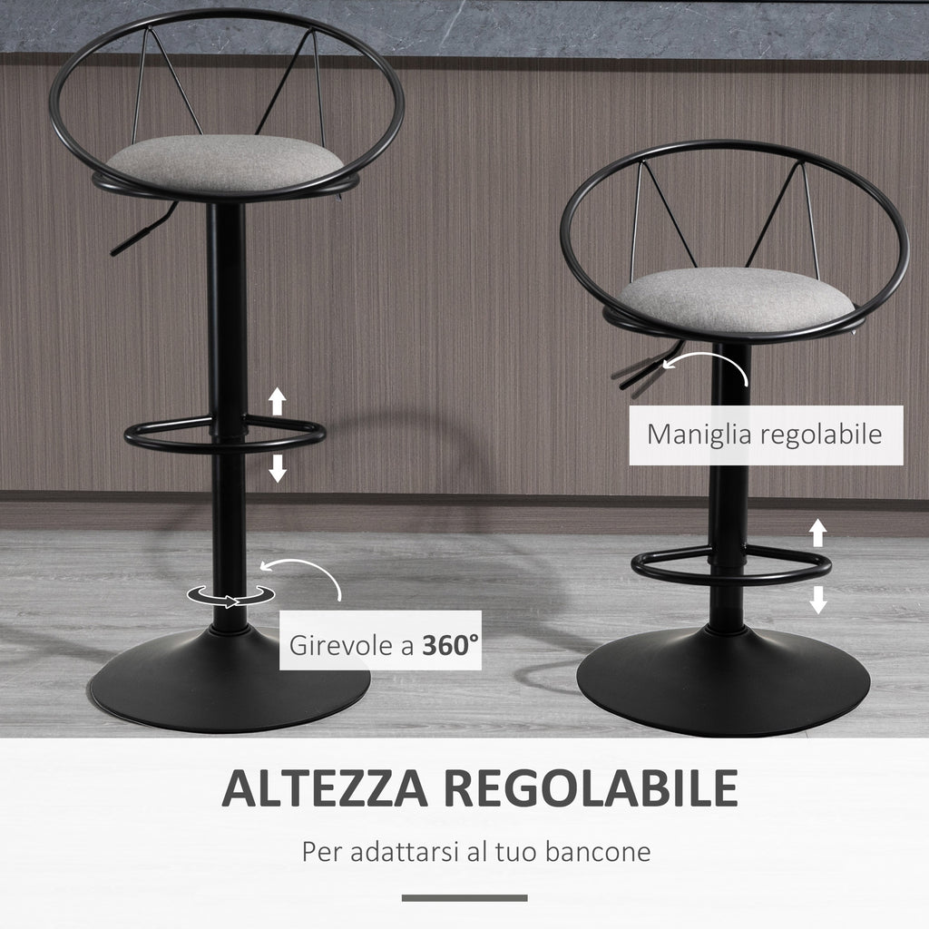 Set of 2 Bar Stools with Backrest and Footrest, Adjustable Height and Padded Seat, Grey