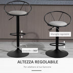 Set of 2 Bar Stools with Backrest and Footrest, Adjustable Height and Padded Seat, Grey