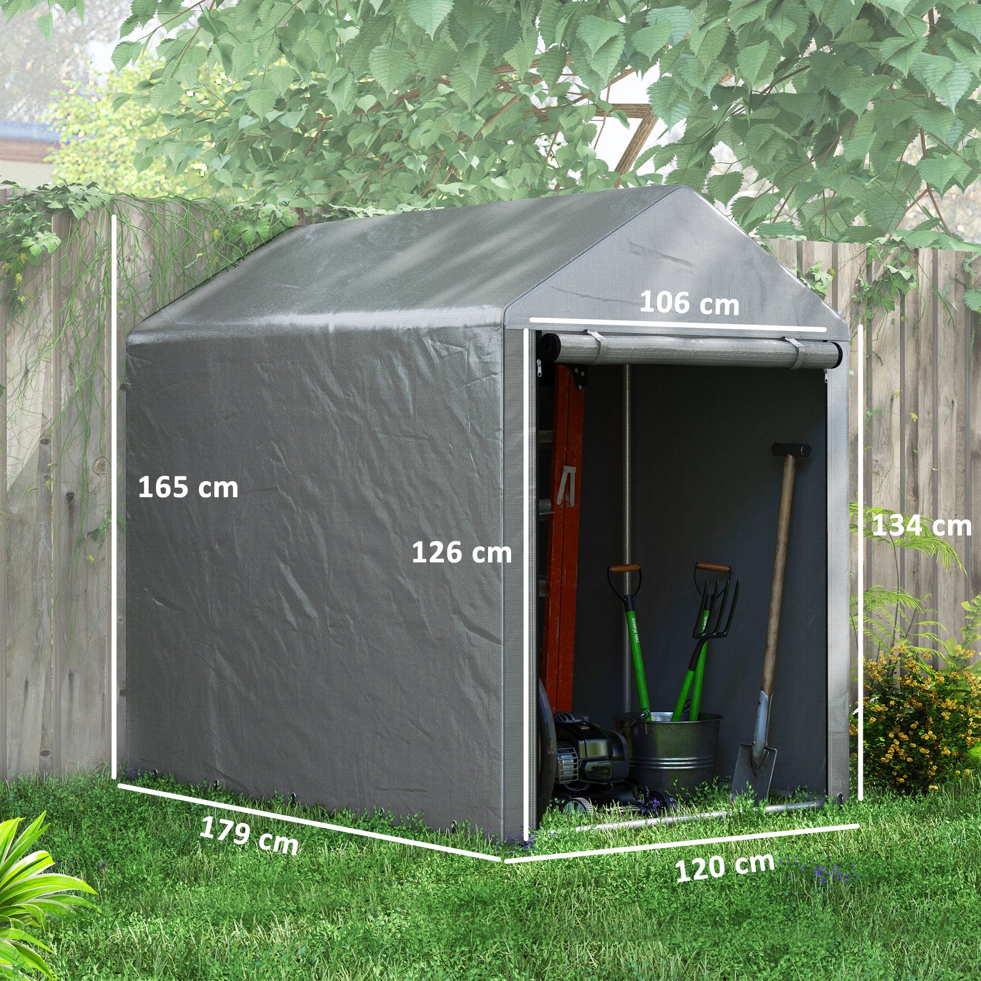 Tool Shed Garage Tent with UV Cover and Metal Frame, 120x179x165cm, Light Grey