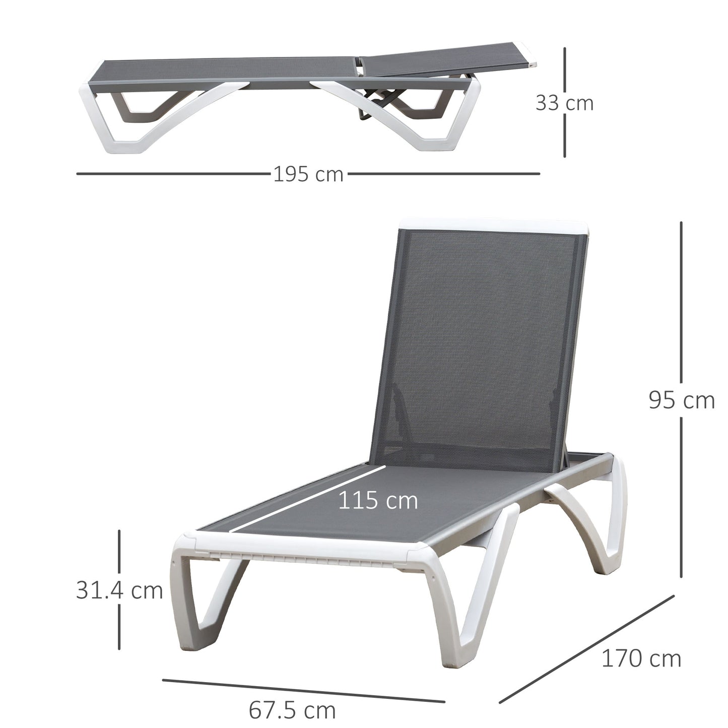 Outsunny sun bed with reclining backrest and rear wheel, 195x67.5x33 cm, gray and white - Borgè