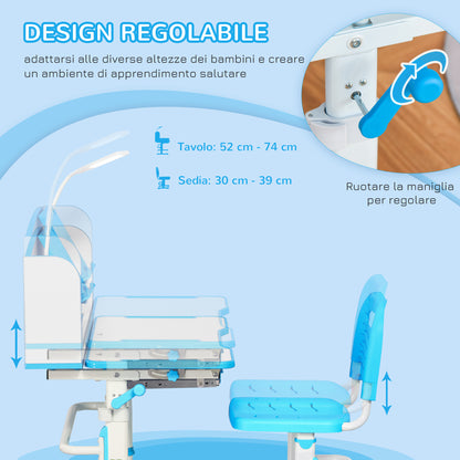 HOMCOM School Desk for Children 6-12 Years Adjustable with LED Light, Lectern and Pen Holder, MDF, PP and Steel, Light Blue