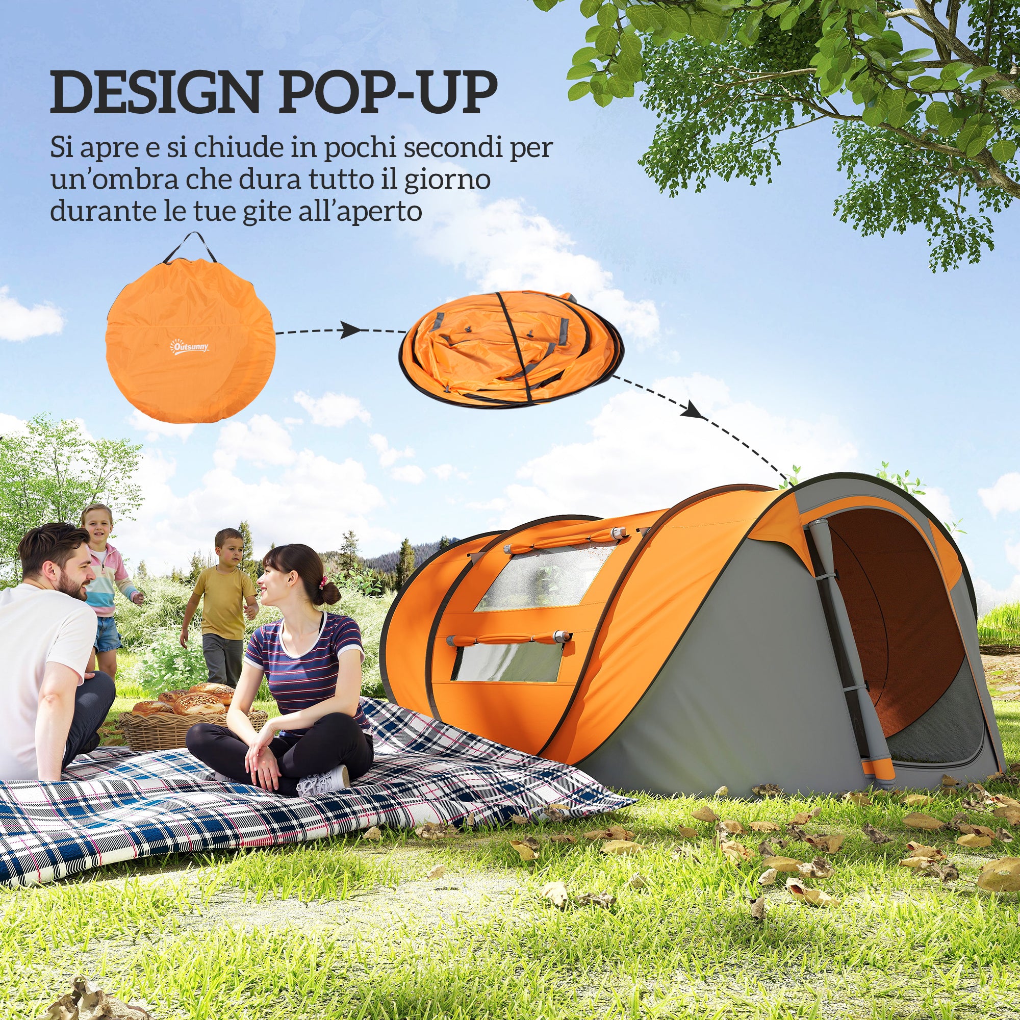 Outsunny 2-Person Pop-Up Camping Tent with 2 Doors, 4 Windows and Waterproof Tarp, 263.5x220x123 cm, Orange