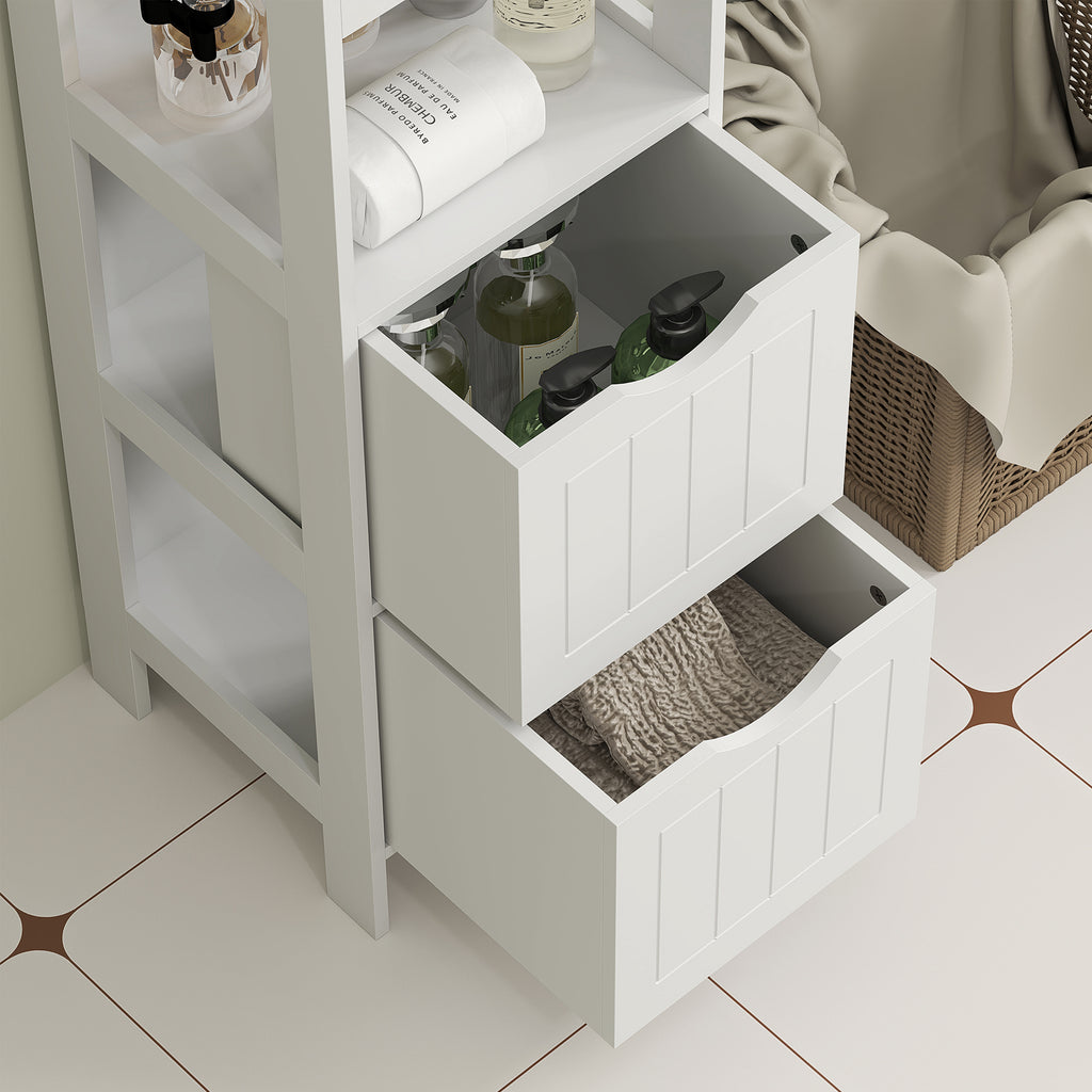 Bathroom Cabinet with 3 Open Shelves and 2 Wooden Drawers, 30x30x141.2 cm, White