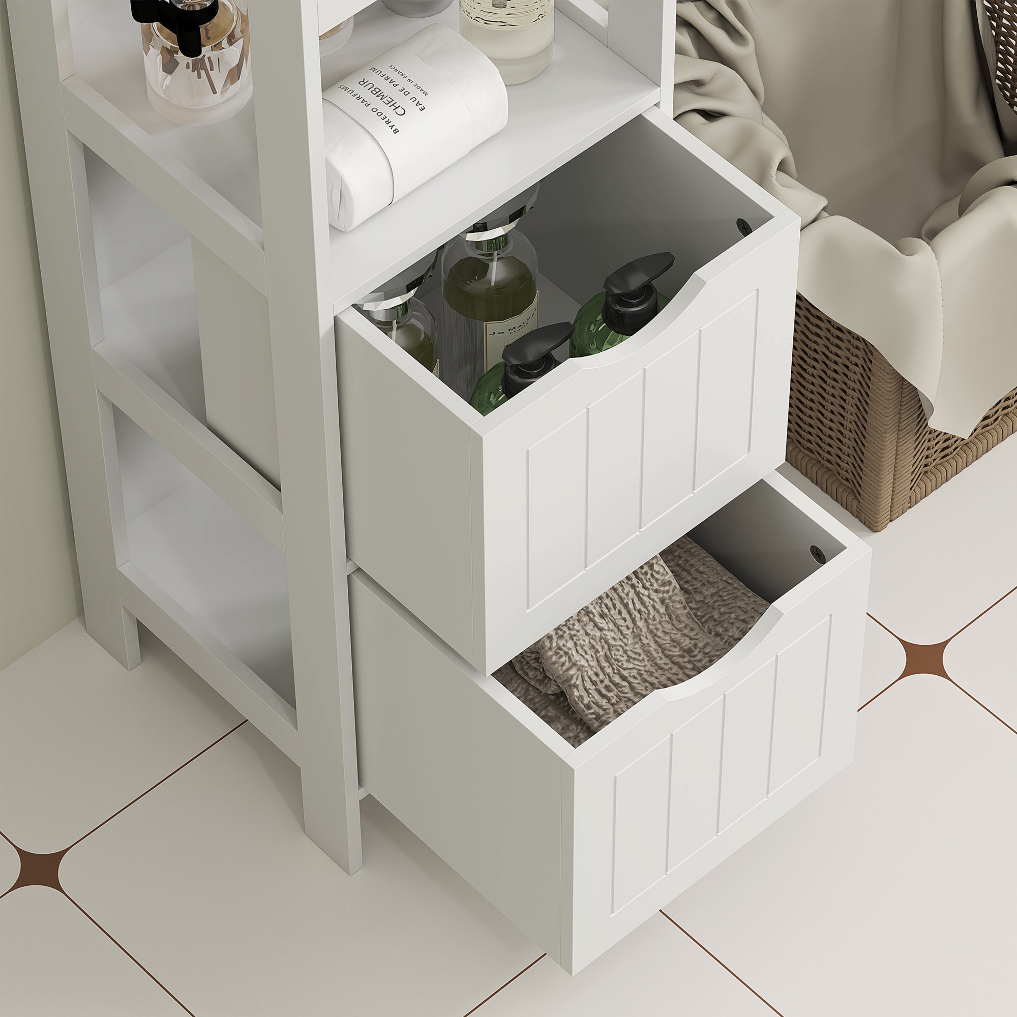 Bathroom Cabinet with 3 Open Shelves and 2 Wooden Drawers, 30x30x141.2 cm, White