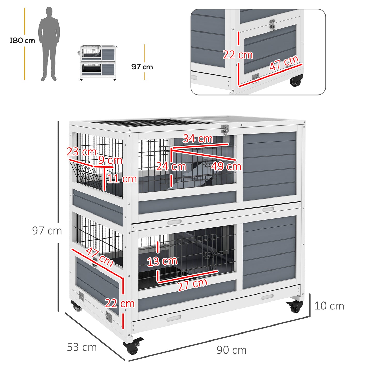 Cozy 2-Tier Indoor Wooden Hutch with Wheels, Removable Trays & Fun Ramps - Grey - Borgè