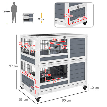 Cozy 2-Tier Indoor Wooden Hutch with Wheels, Removable Trays & Fun Ramps - Grey - Borgè