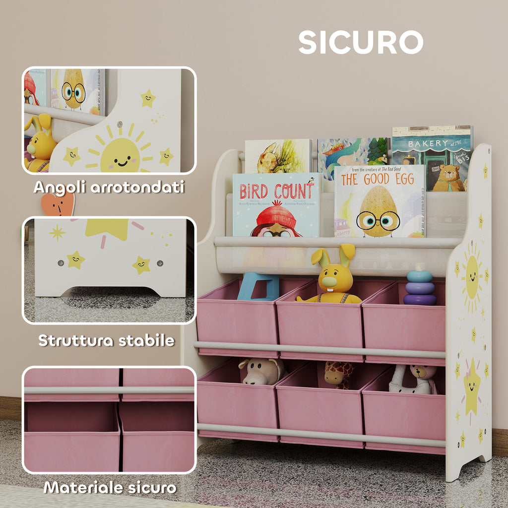 Toy Storage Shelf with 6 Fabric Drawers and 2-Tier Bookcase, Wood and Steel, 63x30x71 cm, Pink