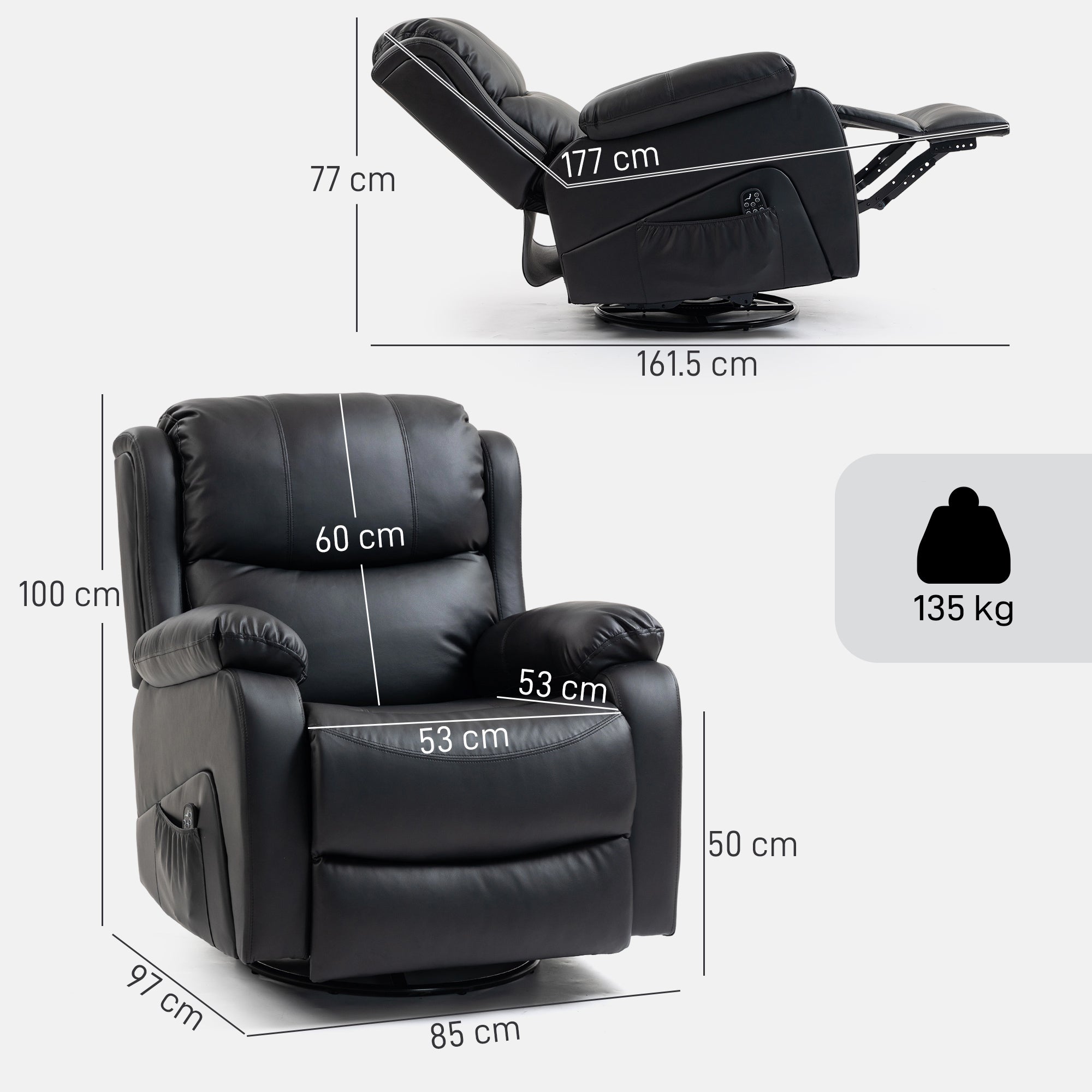 Reclining Relaxing Chair with 8 Massage Points, Heating and Footrest, 87x97x100 cm, Black