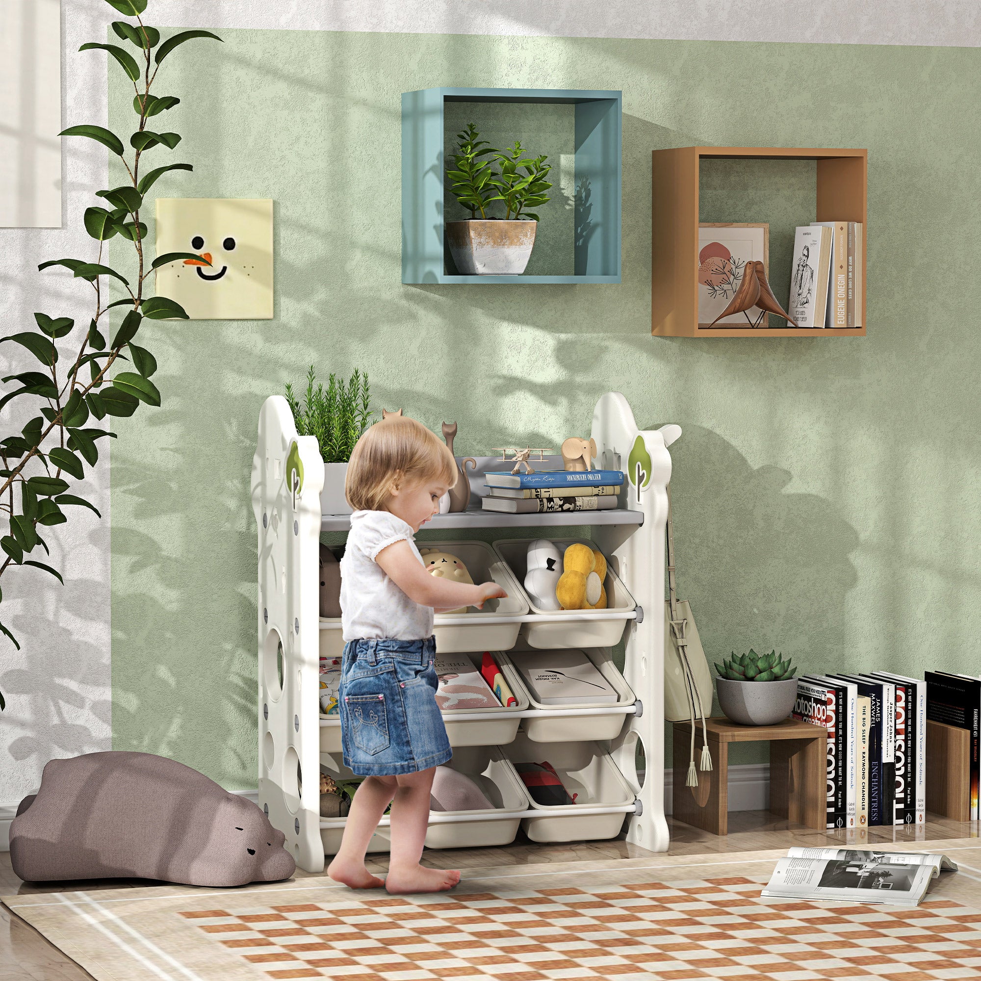 4-Tier Toy Storage Rack with 9 Bins and Side Hook, HDPE, 77x42x94 cm, Cream White
