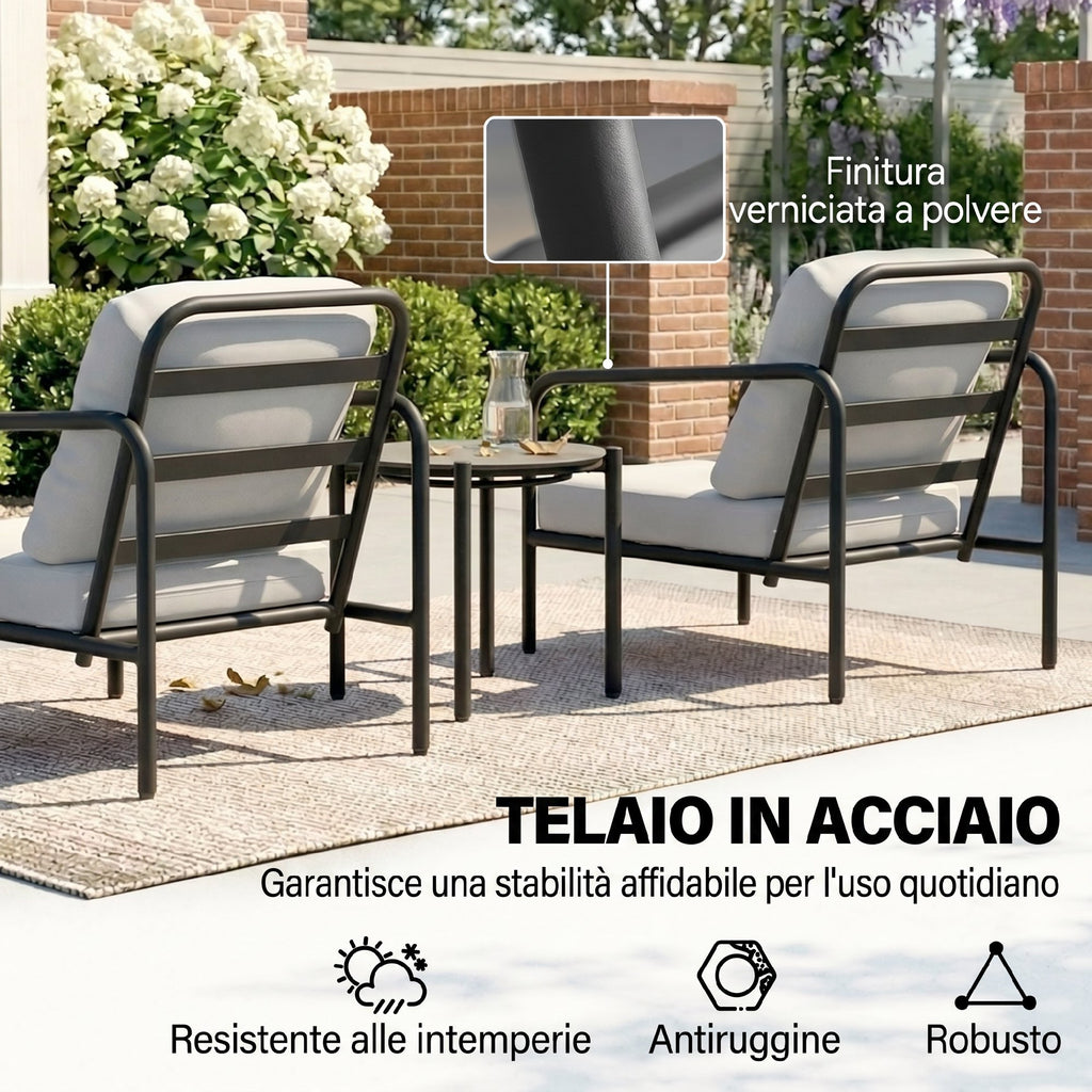 Outsunny 3-Piece Steel Bistro Set with 2 Chairs with Thick Cushions, Black Tempered Glass Top Coffee Table