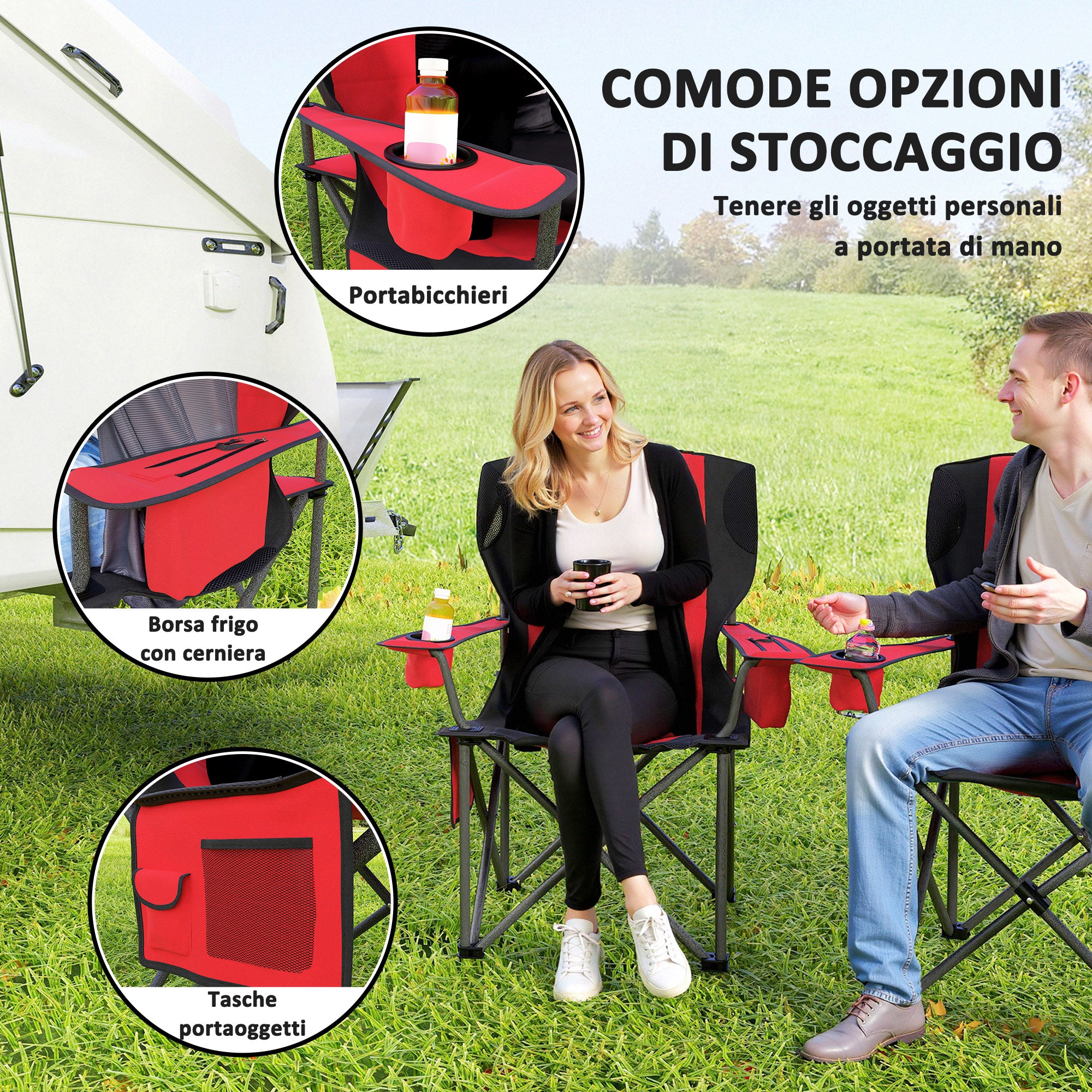 Set of 2 Folding Camping Chairs with Cooler Bag, Cup Holder and 2 Pockets, 94x62x100 cm, Red