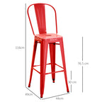 Set of 2 Industrial Bar Stools with Removable Backrest and Footrest, in Metal, 44x49x116 cm, Red
