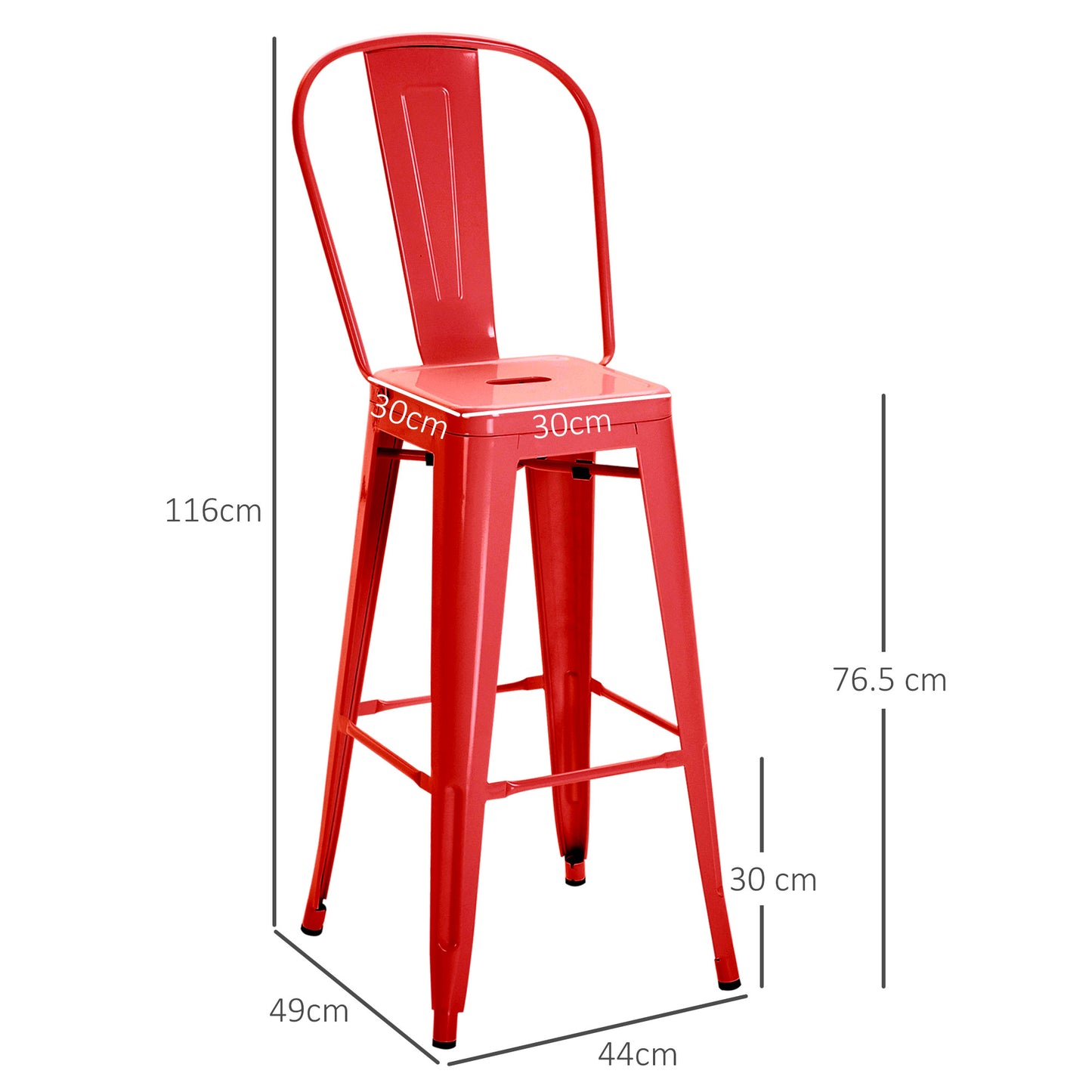 Set of 2 Industrial Bar Stools with Removable Backrest and Footrest, in Metal, 44x49x116 cm, Red