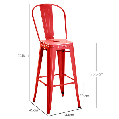 Set of 2 Industrial Bar Stools with Removable Backrest and Footrest, in Metal, 44x49x116 cm, Red