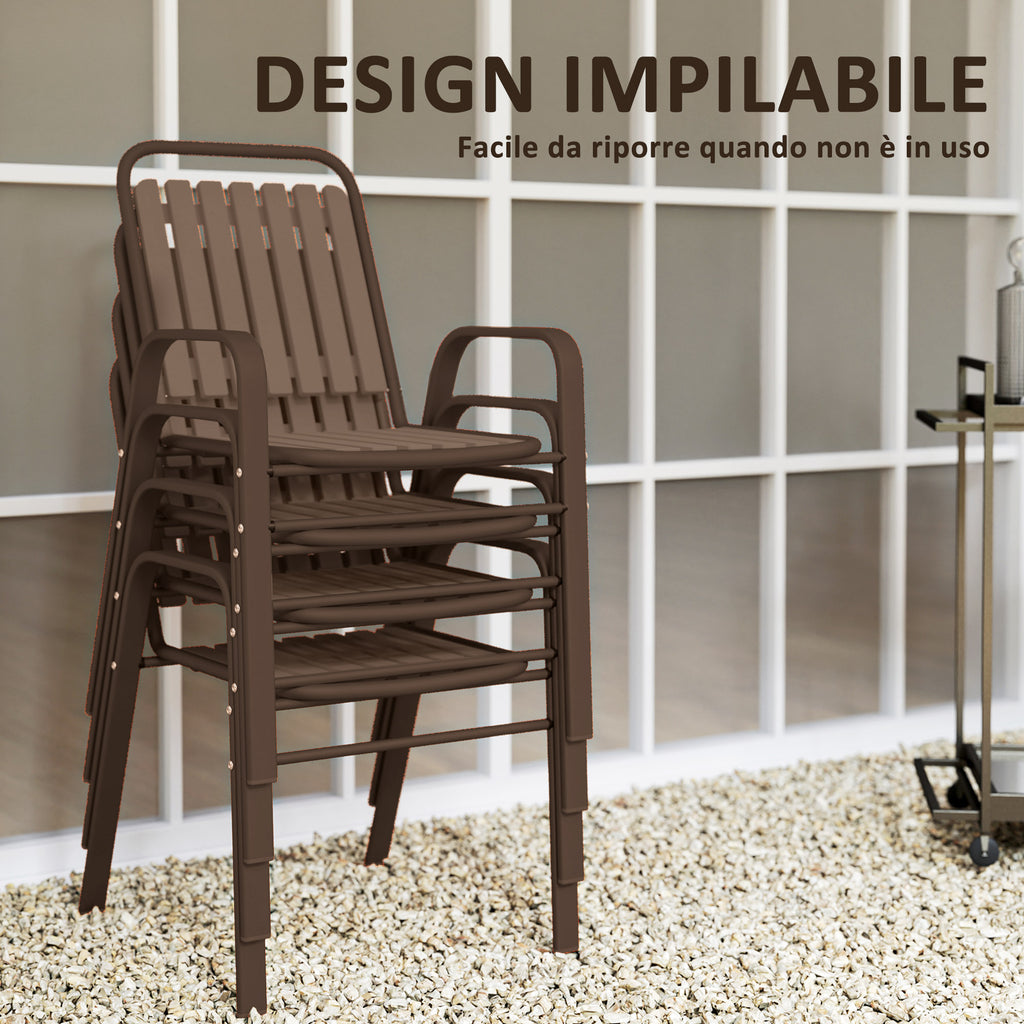 Set of 4 Stackable Outdoor Chairs with High Backrest and Armrests, in Steel and PP, 56x66x91 cm, Dark Brown