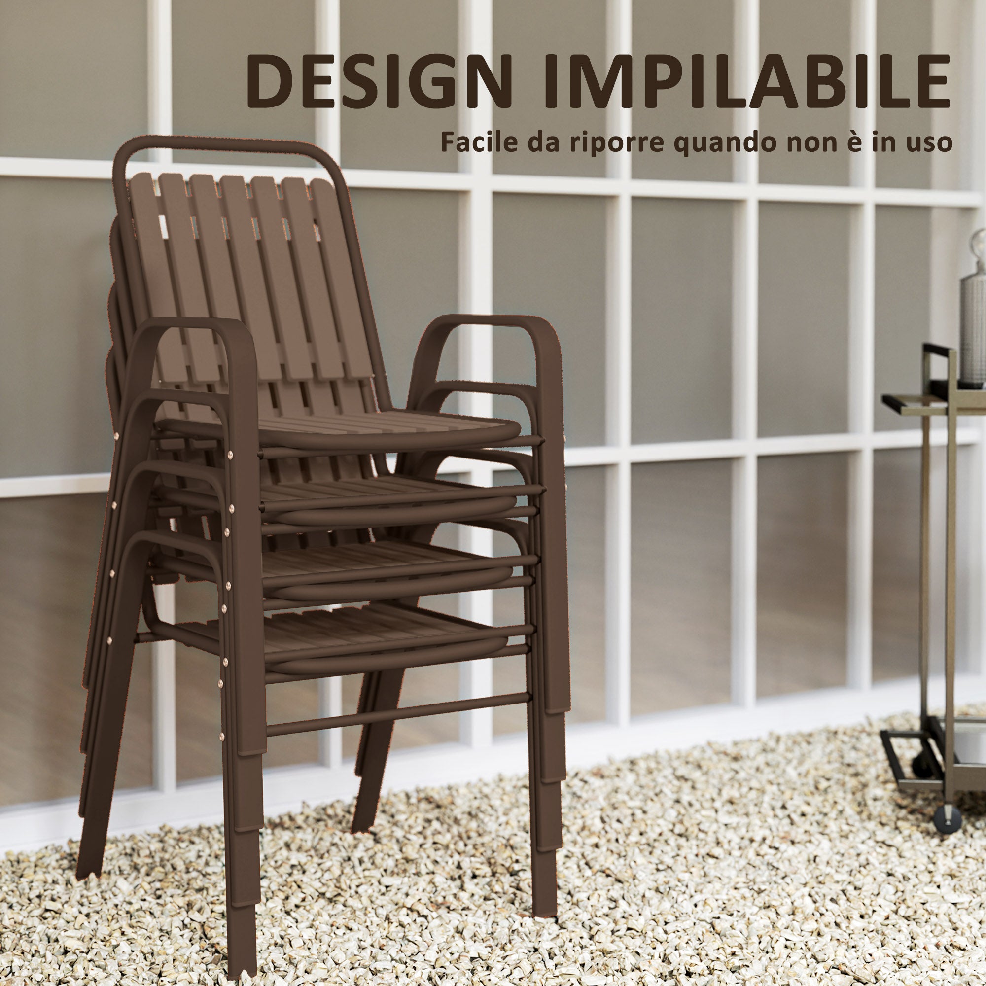Set of 4 Stackable Outdoor Chairs with High Backrest and Armrests, in Steel and PP, 56x66x91 cm, Dark Brown