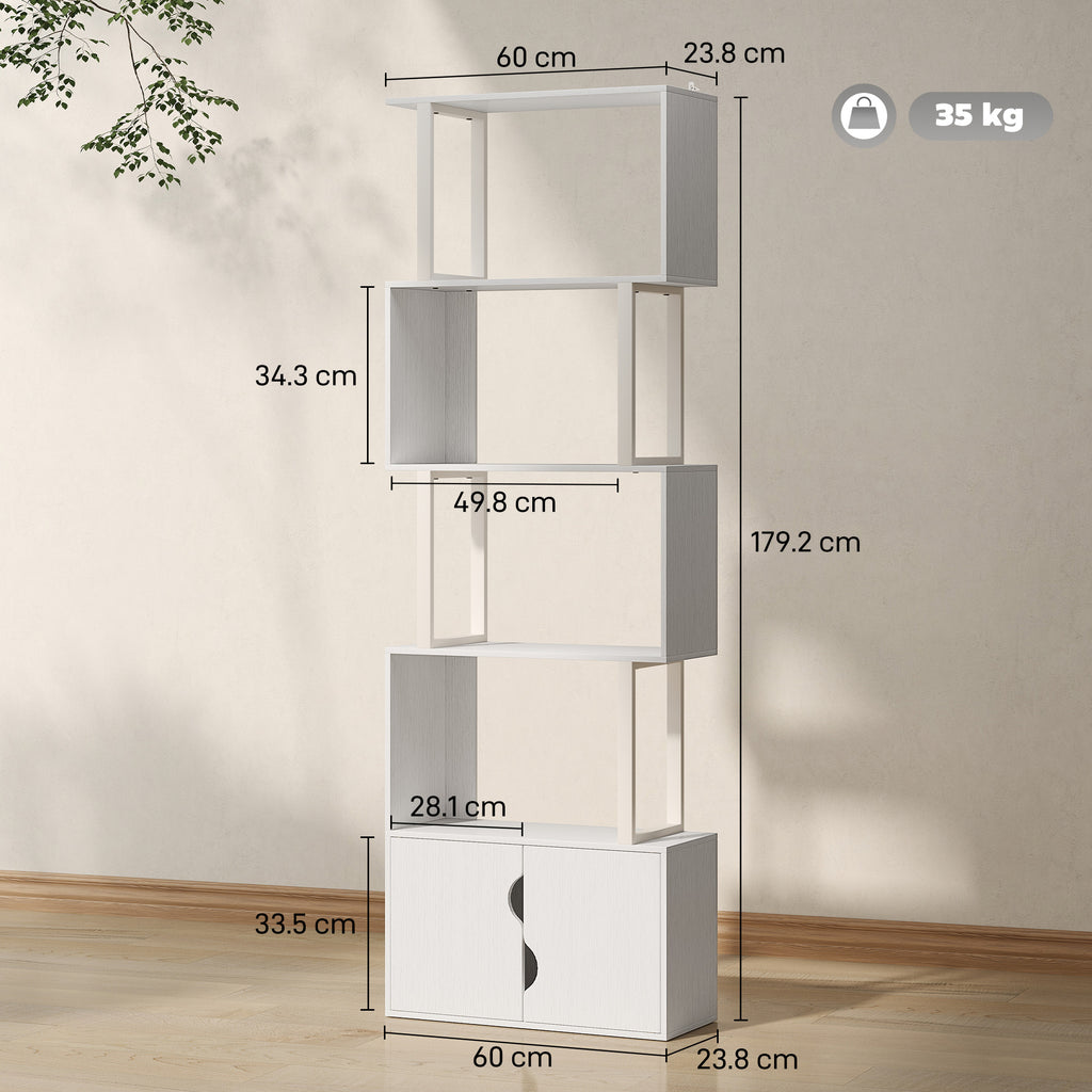 Modern Bookcase with 5 Shelves and 2-Door Wooden Cabinet, 60x23.8x179.2 cm, White