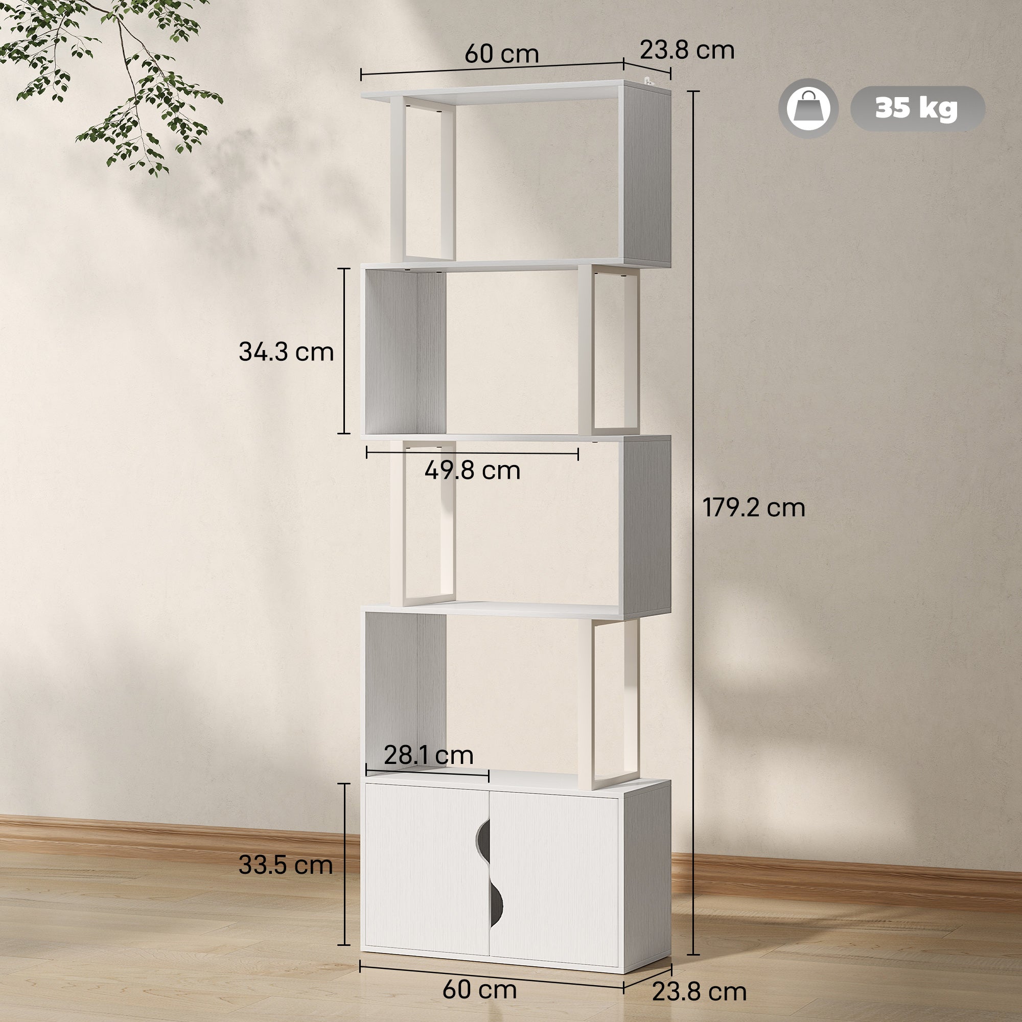 Modern Bookcase with 5 Shelves and 2-Door Wooden Cabinet, 60x23.8x179.2 cm, White